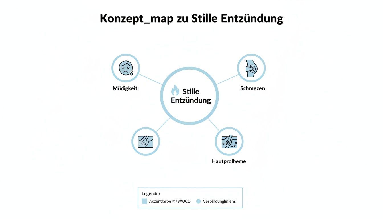 Ein Konzept_map visualisiert Stille Entzündung im Zentrum, umgeben von ihren Symptomen wie Müdigkeit, Schmerzen und Hautproblemen.