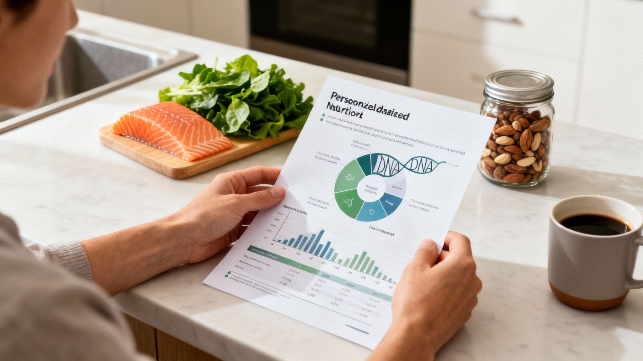 Hände halten personalisierten Ernährungsbericht mit DNA-Grafiken in einer Küche mit gesunden Lebensmitteln.