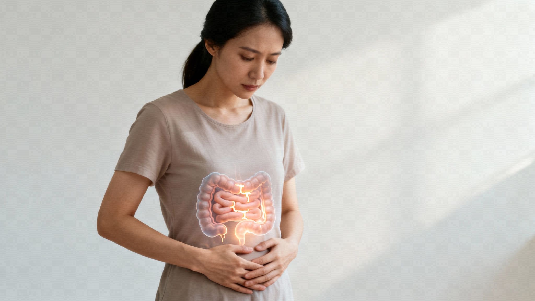 Jeune femme se tenant le ventre avec une expression douloureuse, des intestins lumineux symbolisent des problèmes digestifs ou un Leaky Gut.