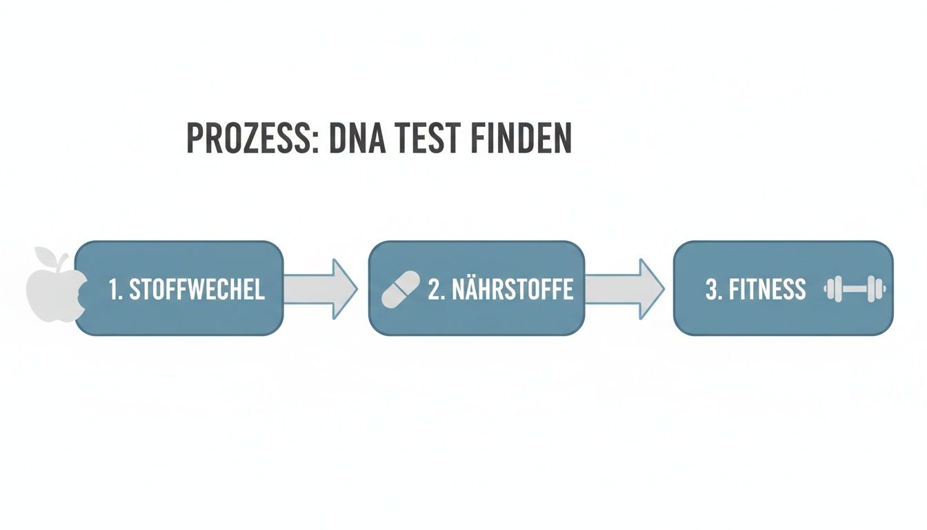 Ein Flussdiagramm zeigt den Prozess zur Auswahl eines DNA-Tests, der Stoffwechsel, Nährstoffe und Fitness abdeckt.