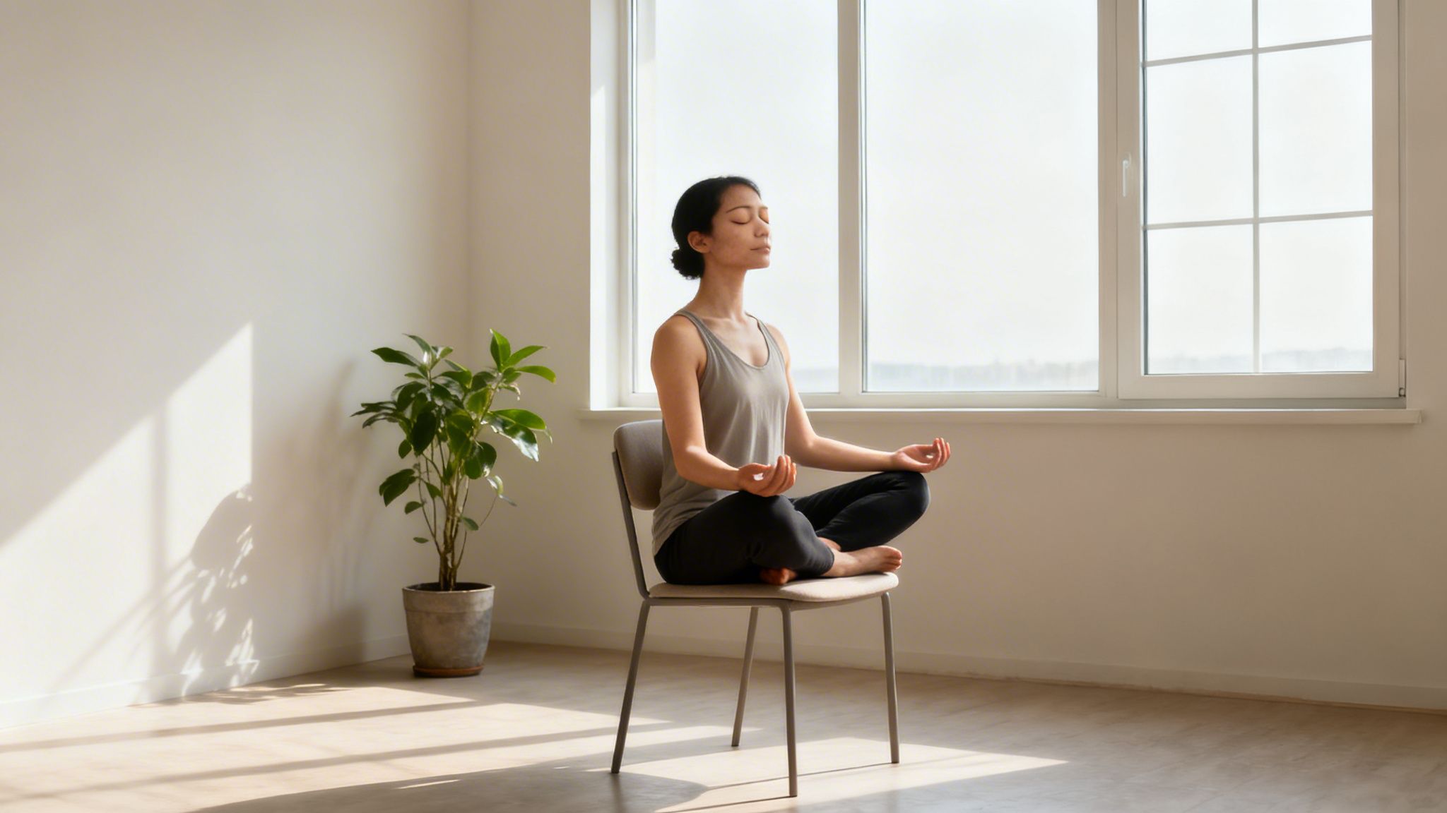 Una donna medita serenamente su una sedia in una stanza luminosa con una finestra e una pianta.