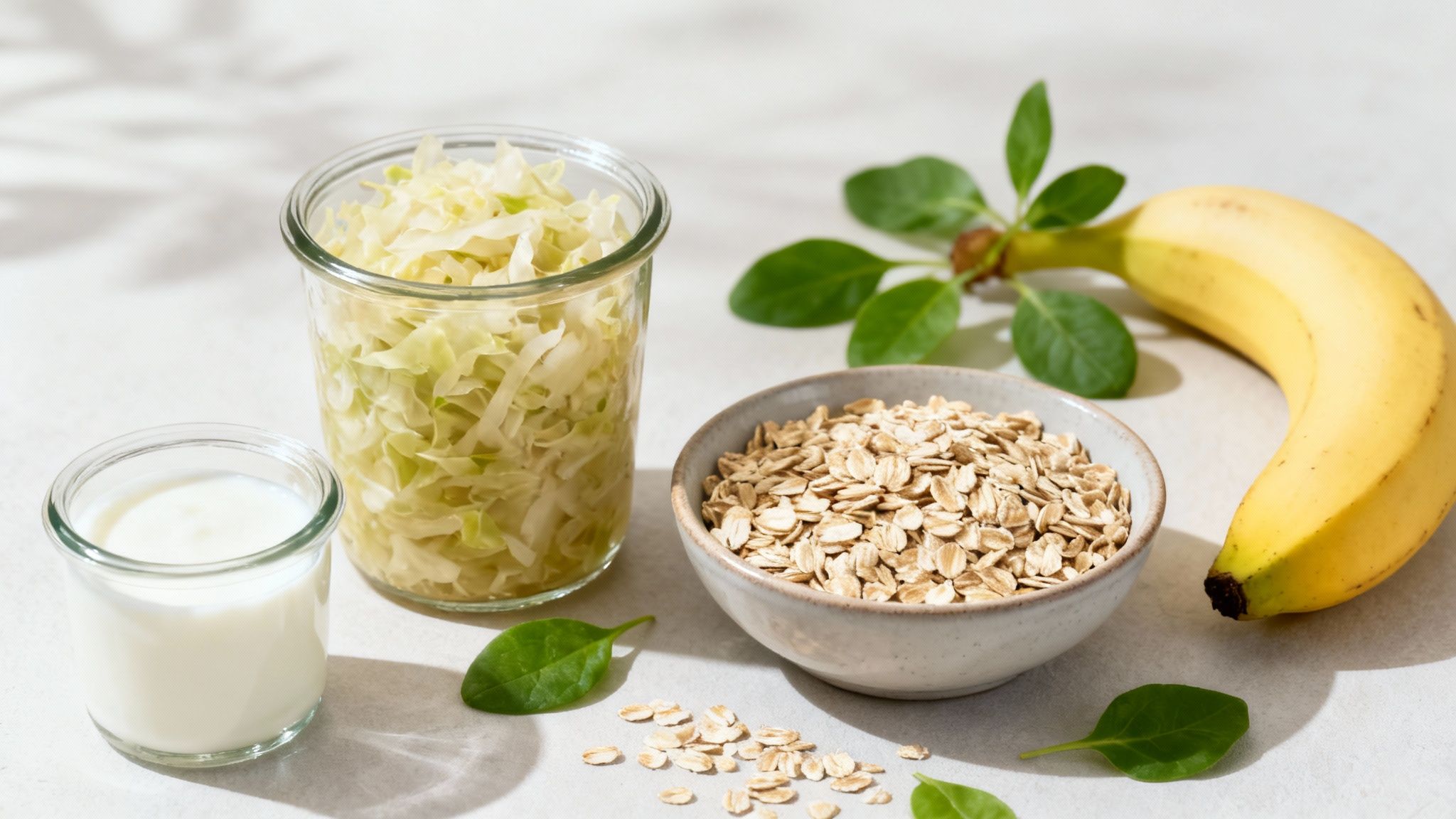 Probiotische Lebensmittel wie Joghurt, Sauerkraut, Haferflocken und Bananen zur Stärkung des Immunsystems