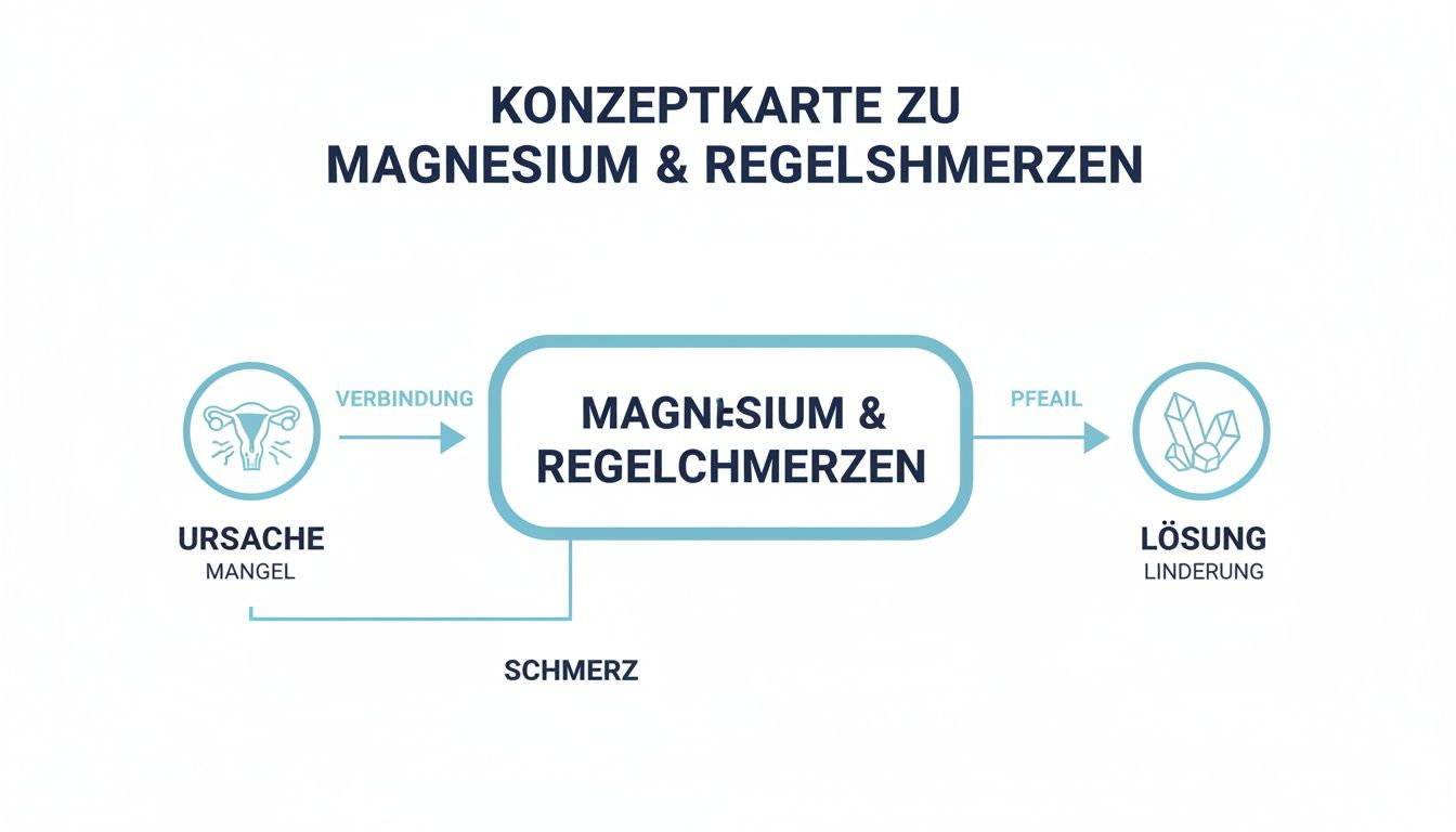 Konzeptkarte zu Magnesium und Regelschmerzen, die Ursache (Mangel) und Lösung (Linderung) darstellt.