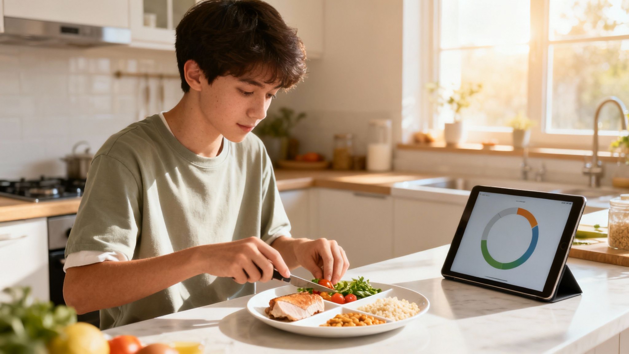 Junger Mann isst eine gesunde Mahlzeit in der Küche und sieht sich Ernährungsdaten auf einem Tablet an.