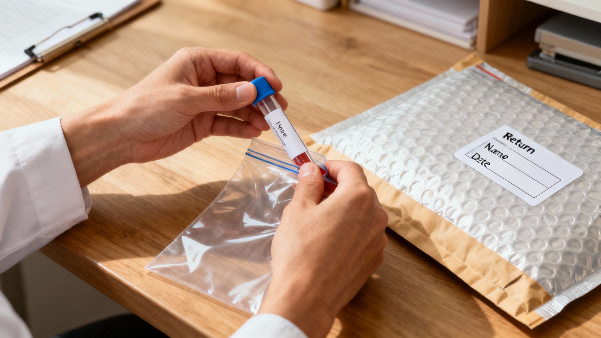 Medizinischer Fachkraft verpackt Stuhlprobe in Röhrchen mit blauem Verschluss für Laboruntersuchung