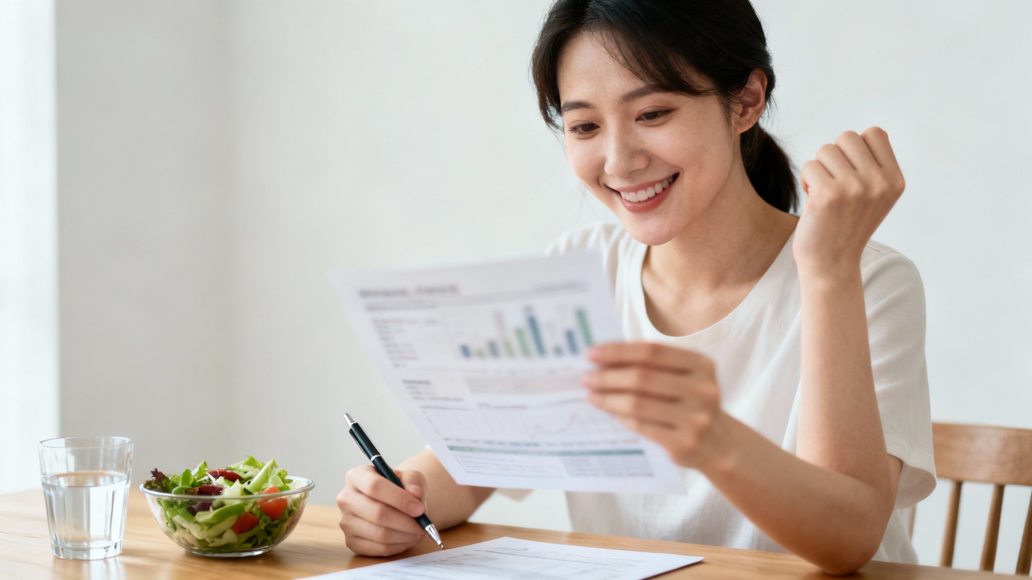 Glückliche junge Frau überprüft Dokumente mit Diagrammen, neben einem gesunden Salat und Wasser auf dem Tisch.