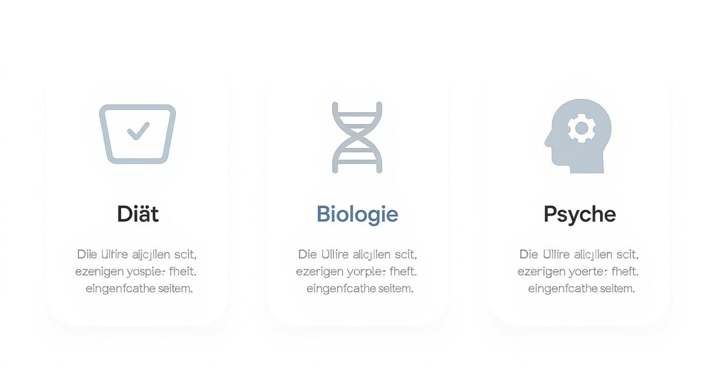 Drei Karten zeigen Icons und Titel für Diät, Biologie und Psyche, relevant für Gesundheitsthemen.