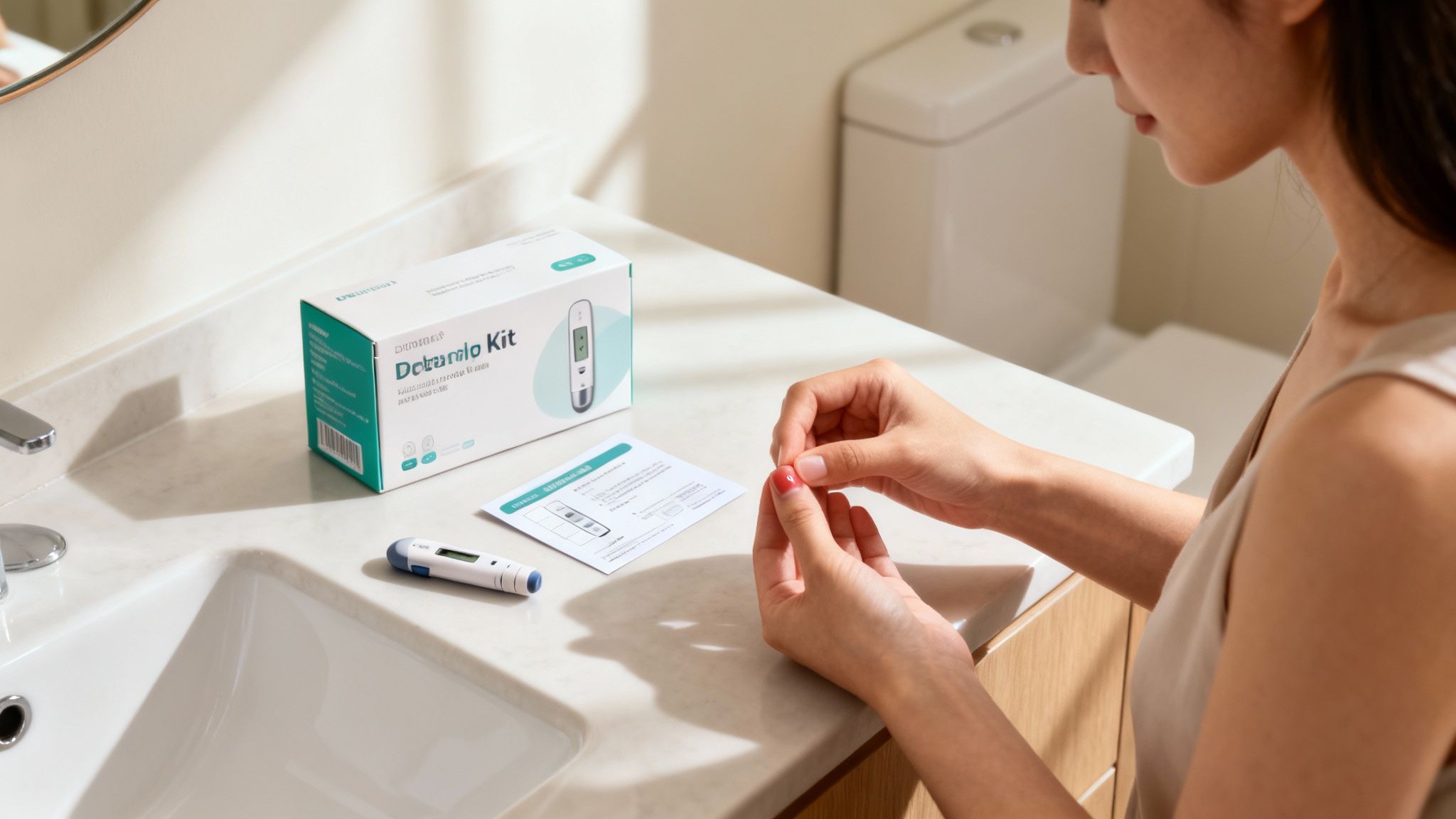 Frau bereitet sich auf einen Hormontest zu Hause vor, mit einem Testkit und Anweisungen auf dem Waschtisch.