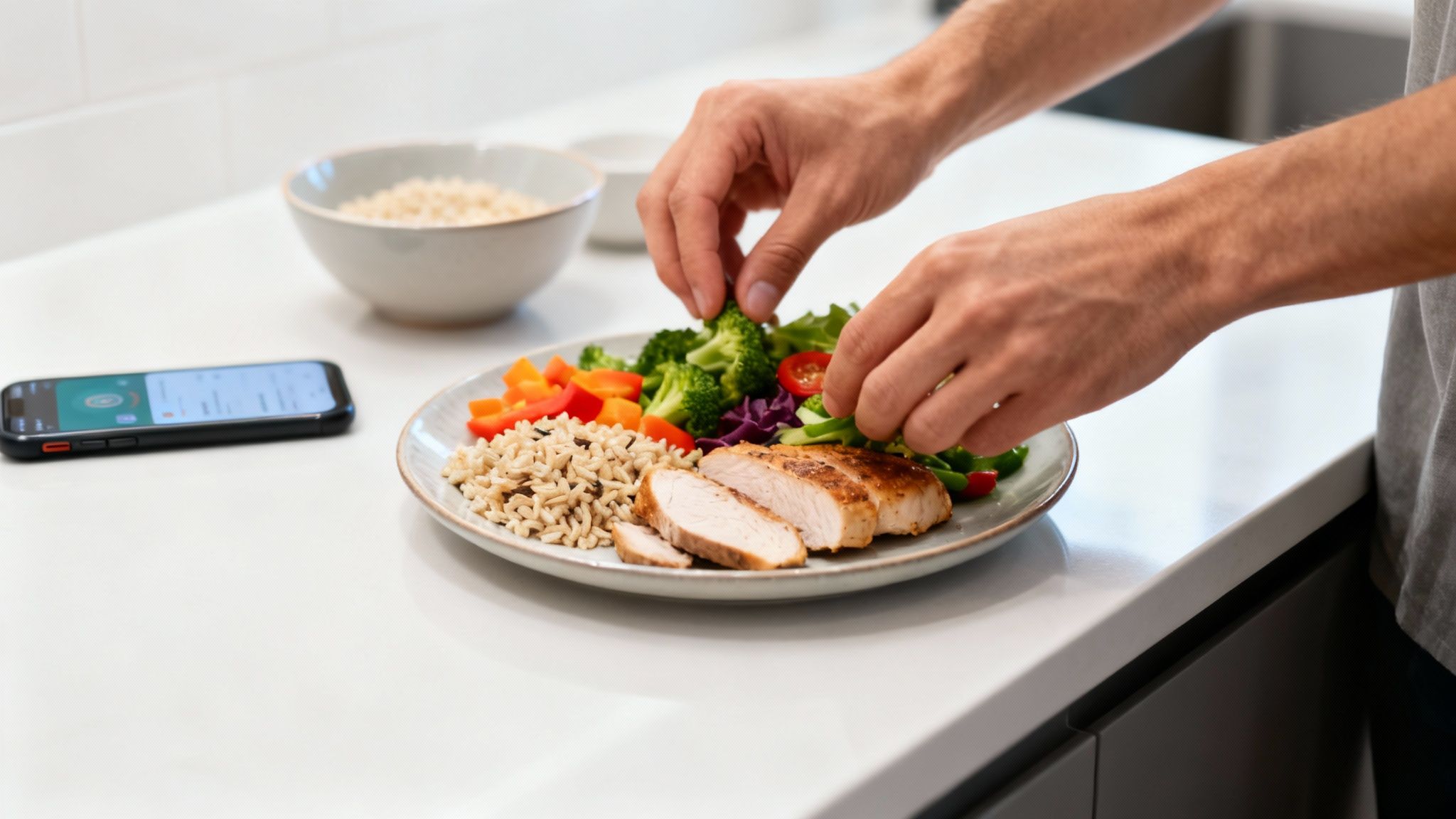 Ein Mann arrangiert Hähnchen, Reis, Brokkoli und Paprika auf einem Teller, daneben liegt ein Smartphone.