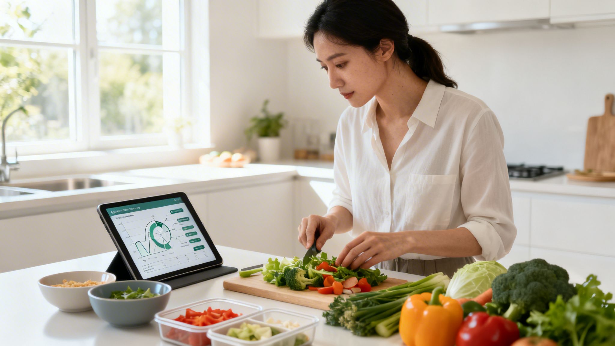 A young woman prepares healthy vegetables in a modern kitchen, supported by a digital nutrition plan on a tablet.