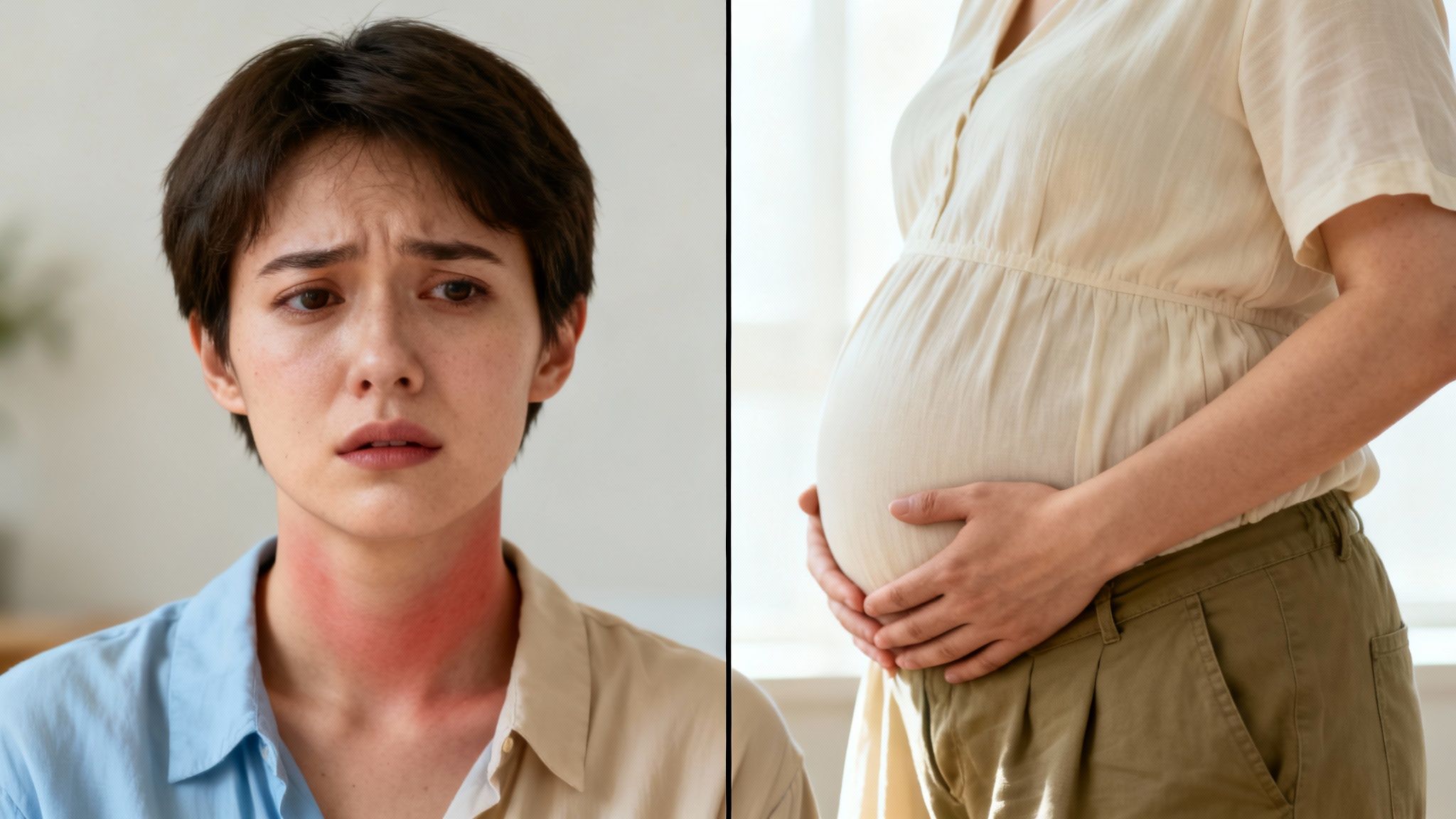 Zwei Frauen: Eine hat einen roten Ausschlag am Hals, die andere ist schwanger und hält ihren Bauch.