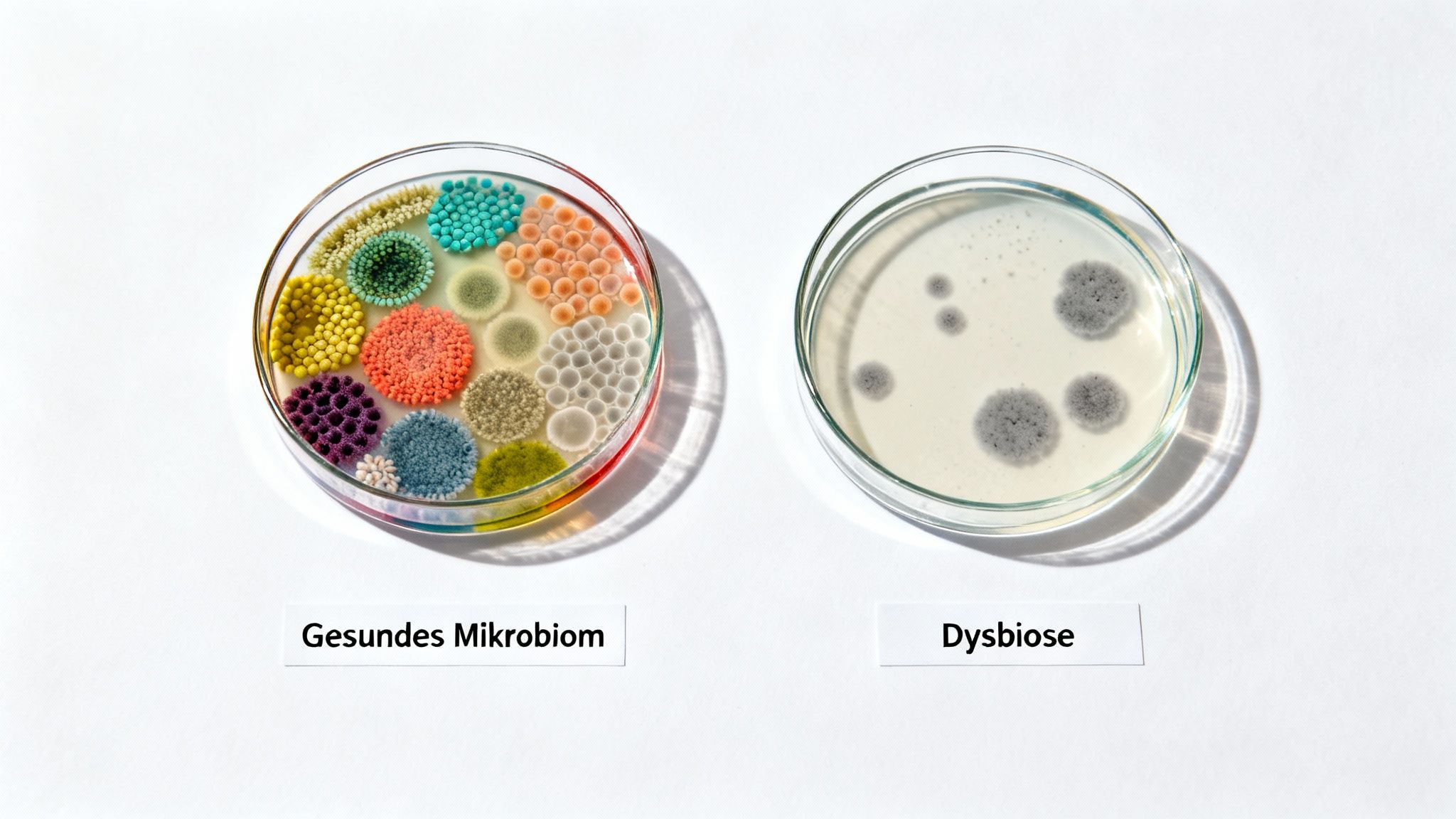 Zwei Petrischalen zeigen ein gesundes Mikrobiom mit vielfältigen Kolonien und eine Dysbiose mit wenigen, grauen Kulturen.