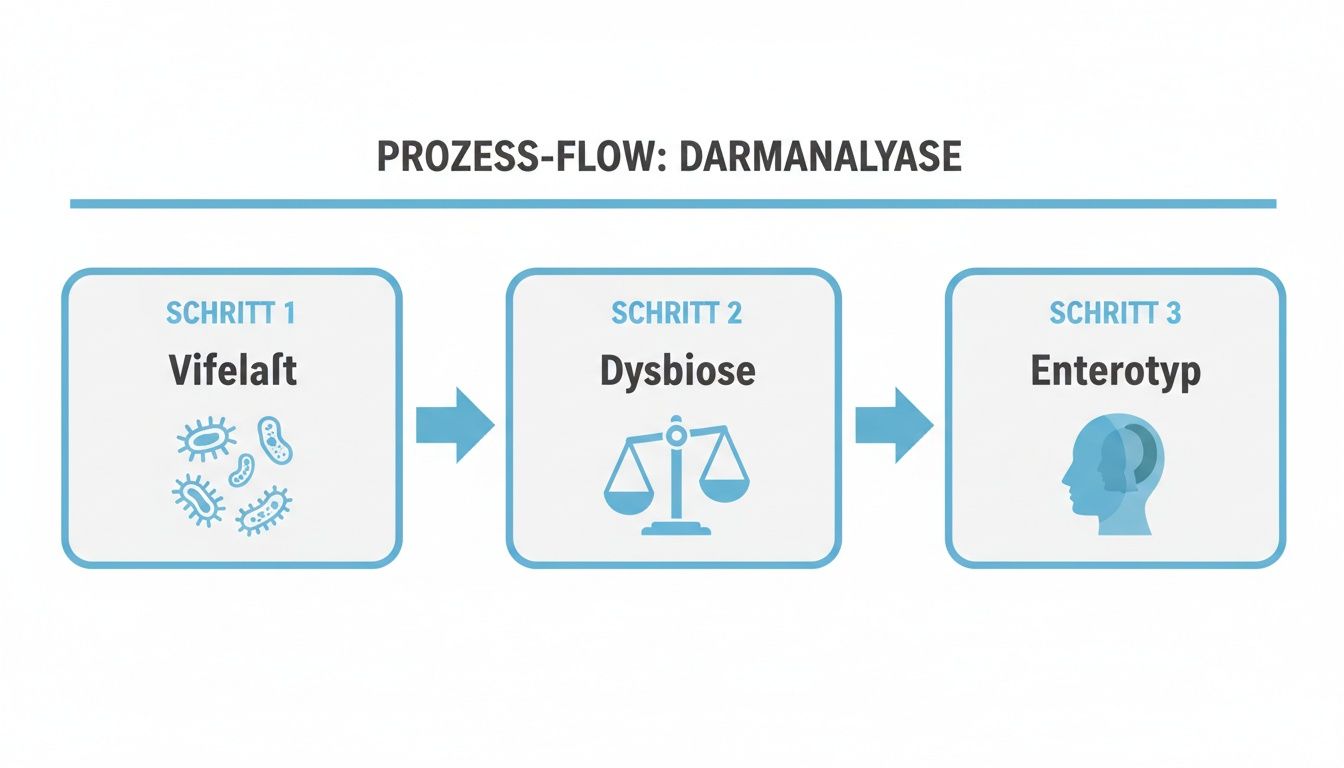 Diagramma di flusso del processo di analisi intestinale con fasi relative a Vifelaft, disbiosi ed enterotipo.