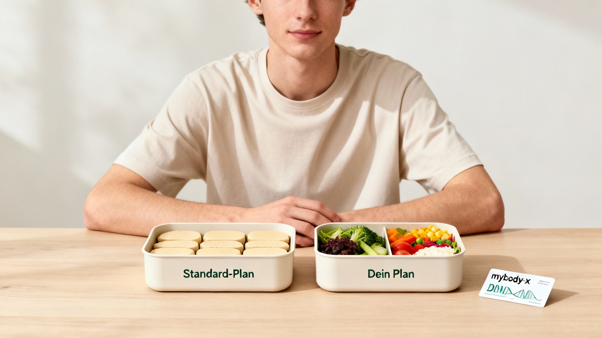 Mann vergleicht zwei Lunchboxen: Standard-Plan (Riegel) und individuellen Plan (frisches Gemüse).