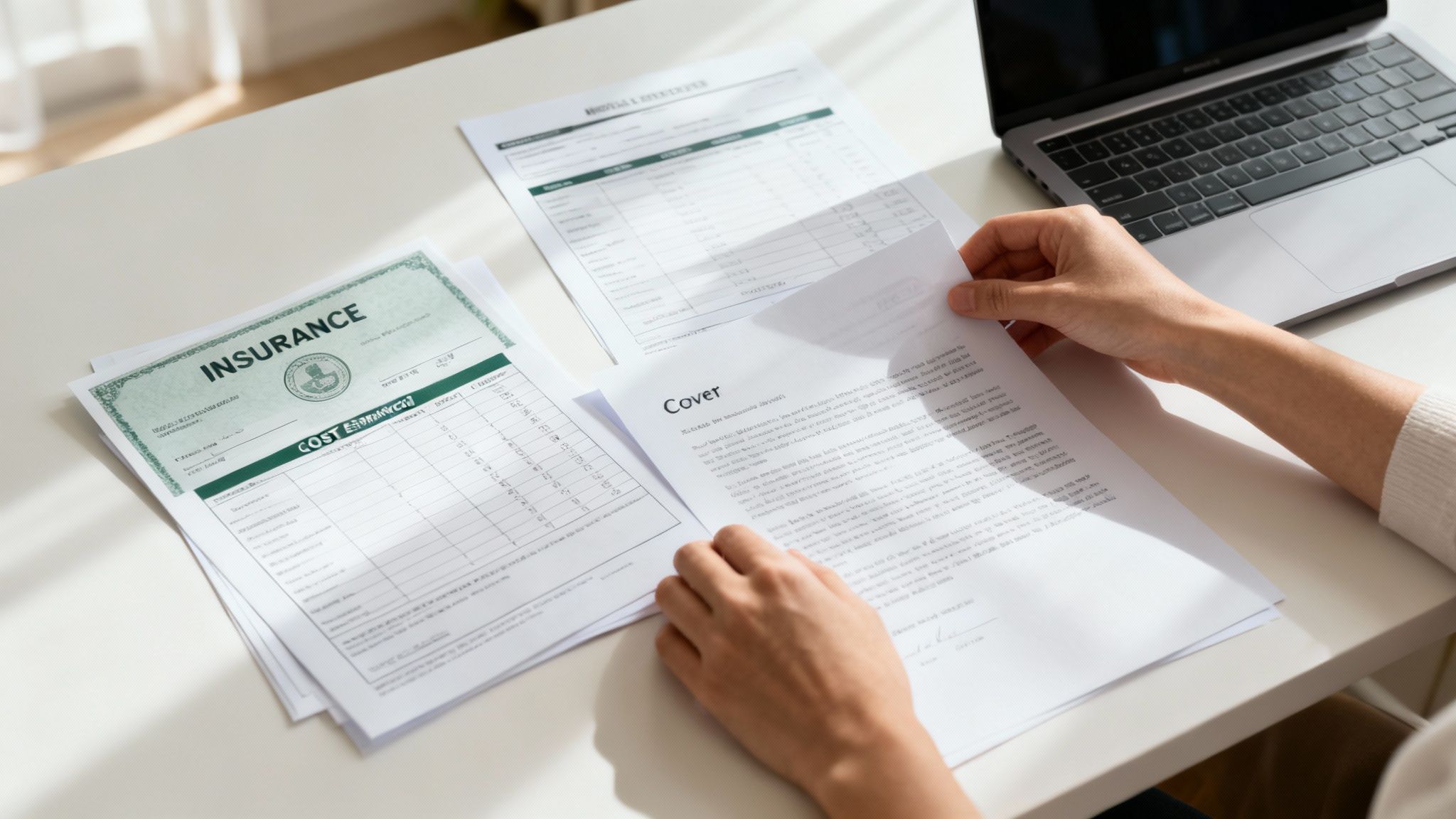 A person is reading insurance documents and forms on a desk next to a laptop.