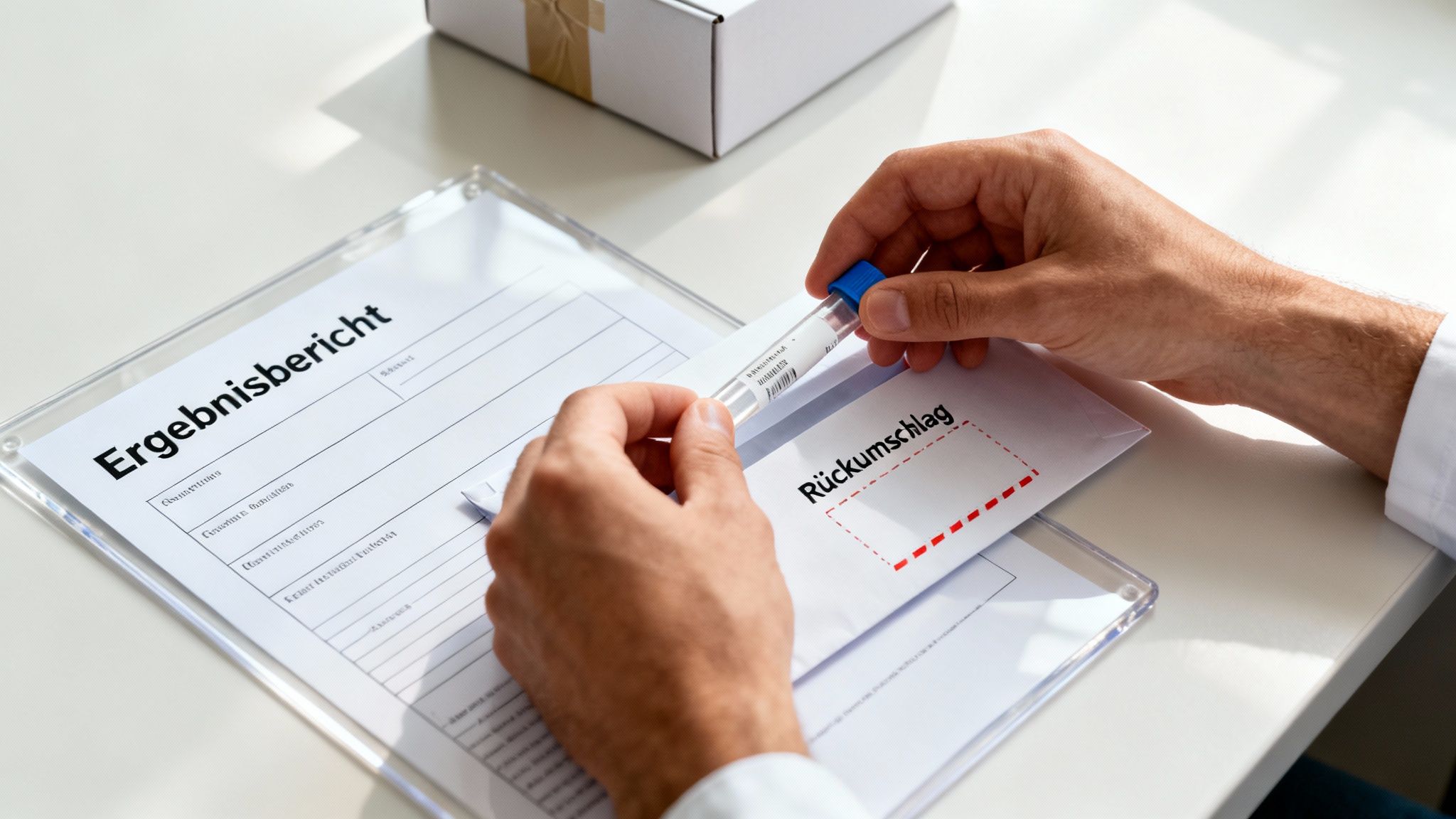Hände halten ein Reagenzglas und einen Rückumschlag über einem Ergebnisbericht für einen Heimtest.