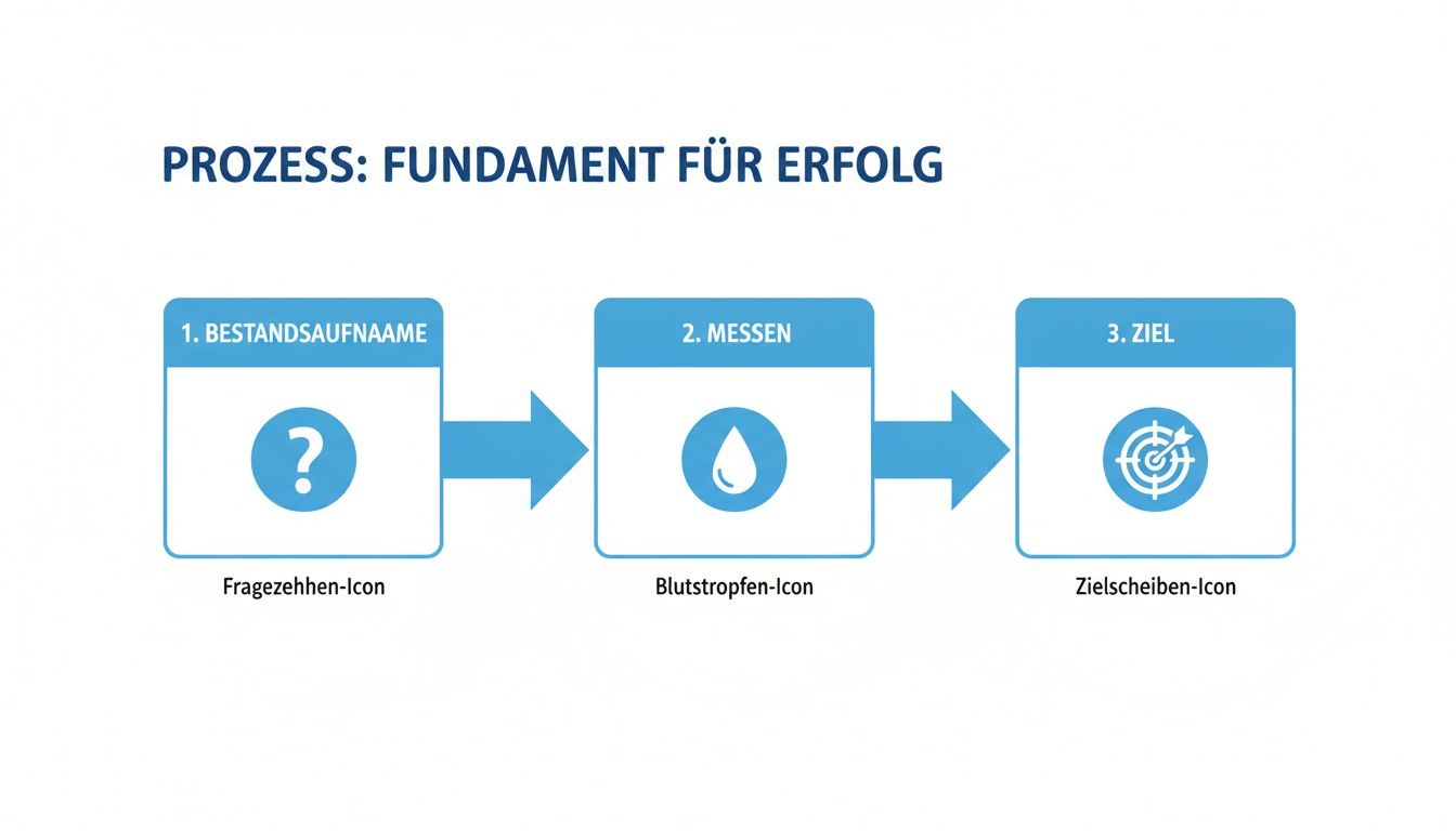 Ein Prozessdiagramm mit drei Schritten: Bestandsaufnahme (Fragezeichen), Messen (Blutstropfen) und Ziel (Zielscheibe) für Erfolg.