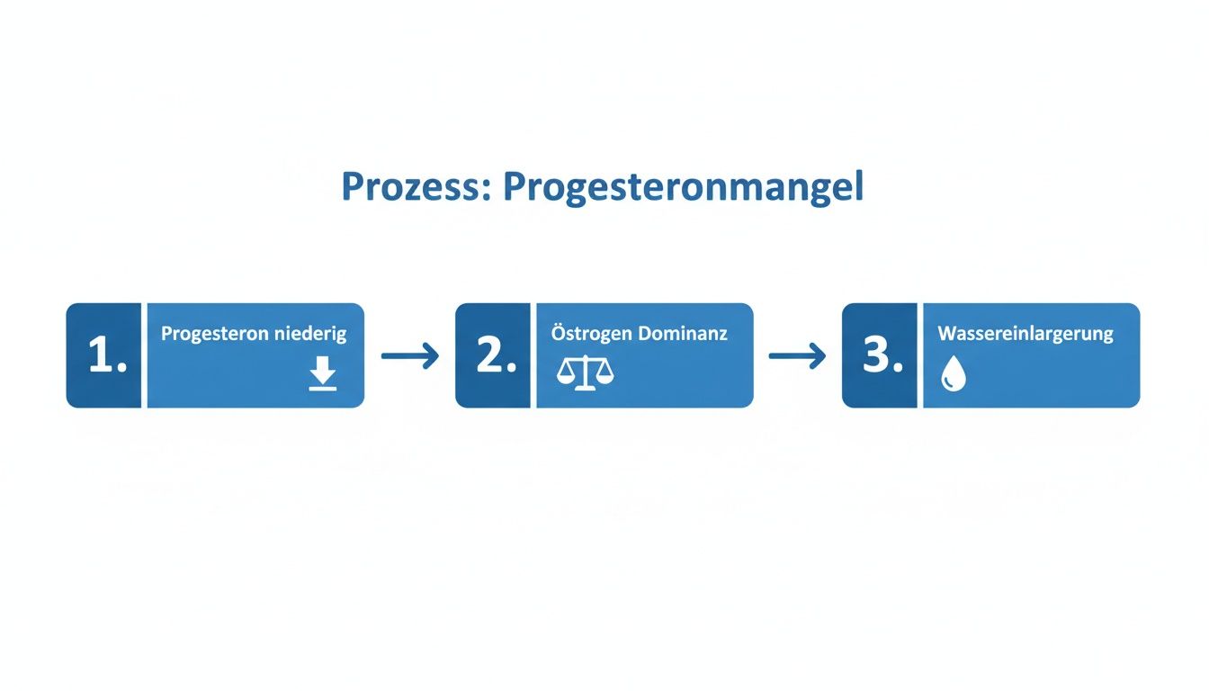 Flussdiagramm zeigt den Prozess bei Progesteronmangel: niedriges Progesteron führt zu Östrogendominanz und Wassereinlagerungen.
