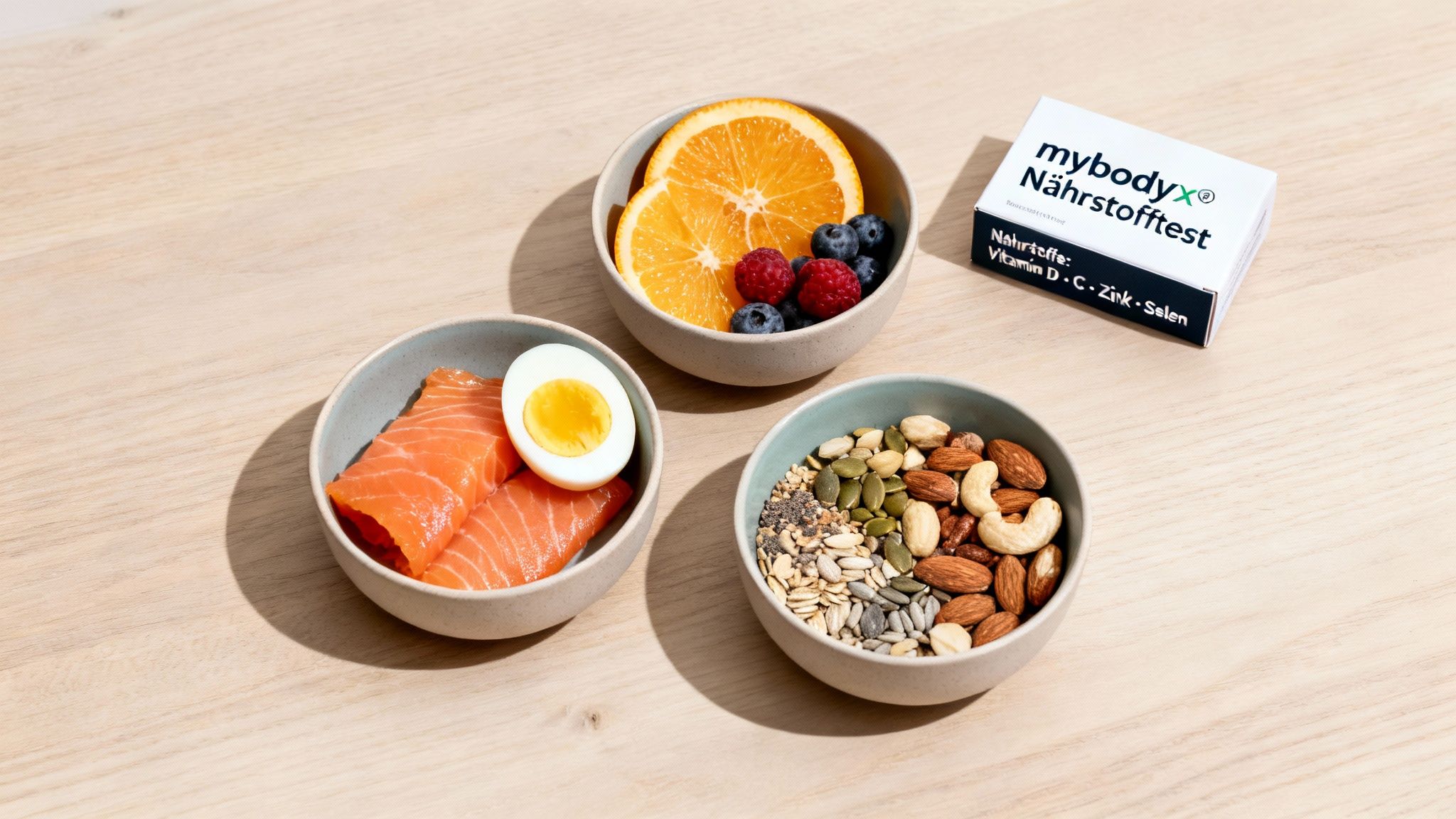 Nährstoffreiche Lebensmittel wie Lachs, Ei, Obst, Nüsse und Samen neben einem mybodyx Nährstofftest.