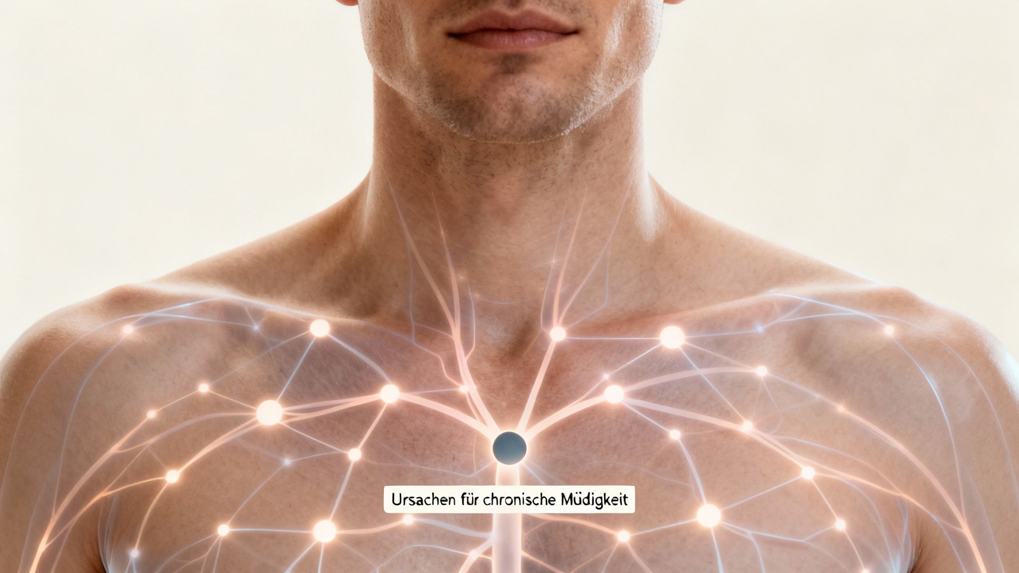 Oberkörper eines Mannes mit leuchtendem Netzwerk und dem Text „Ursachen für chronische Müdigkeit“.