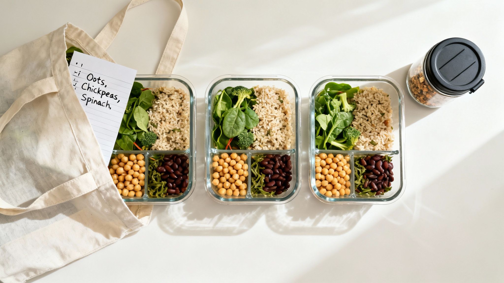 Eine Person bereitet verschiedene gesunde vegane Mahlzeiten in Aufbewahrungsboxen vor