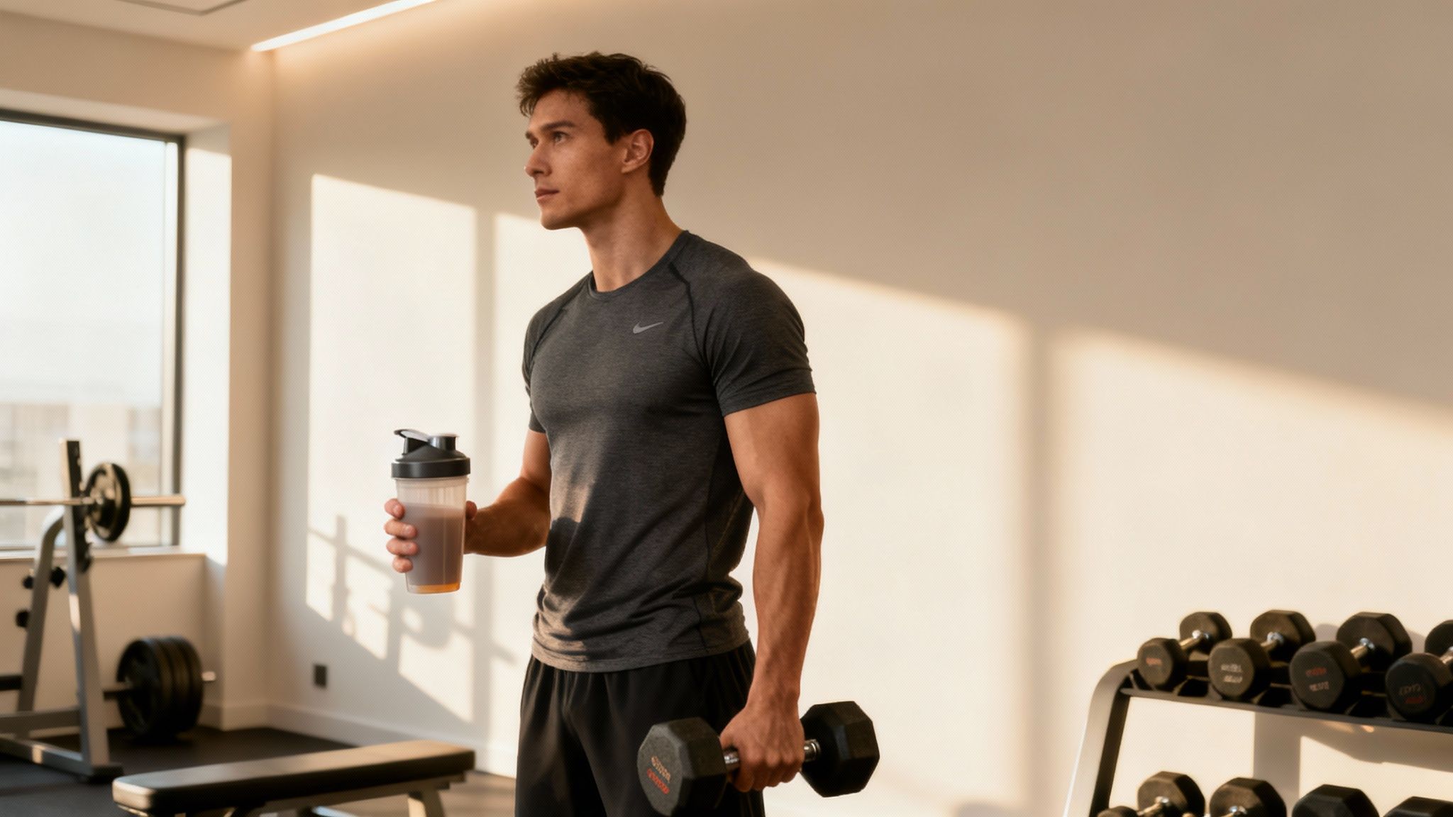 Eine Person bereitet einen Proteinshake in einem Shaker in einer modernen Küche zu.