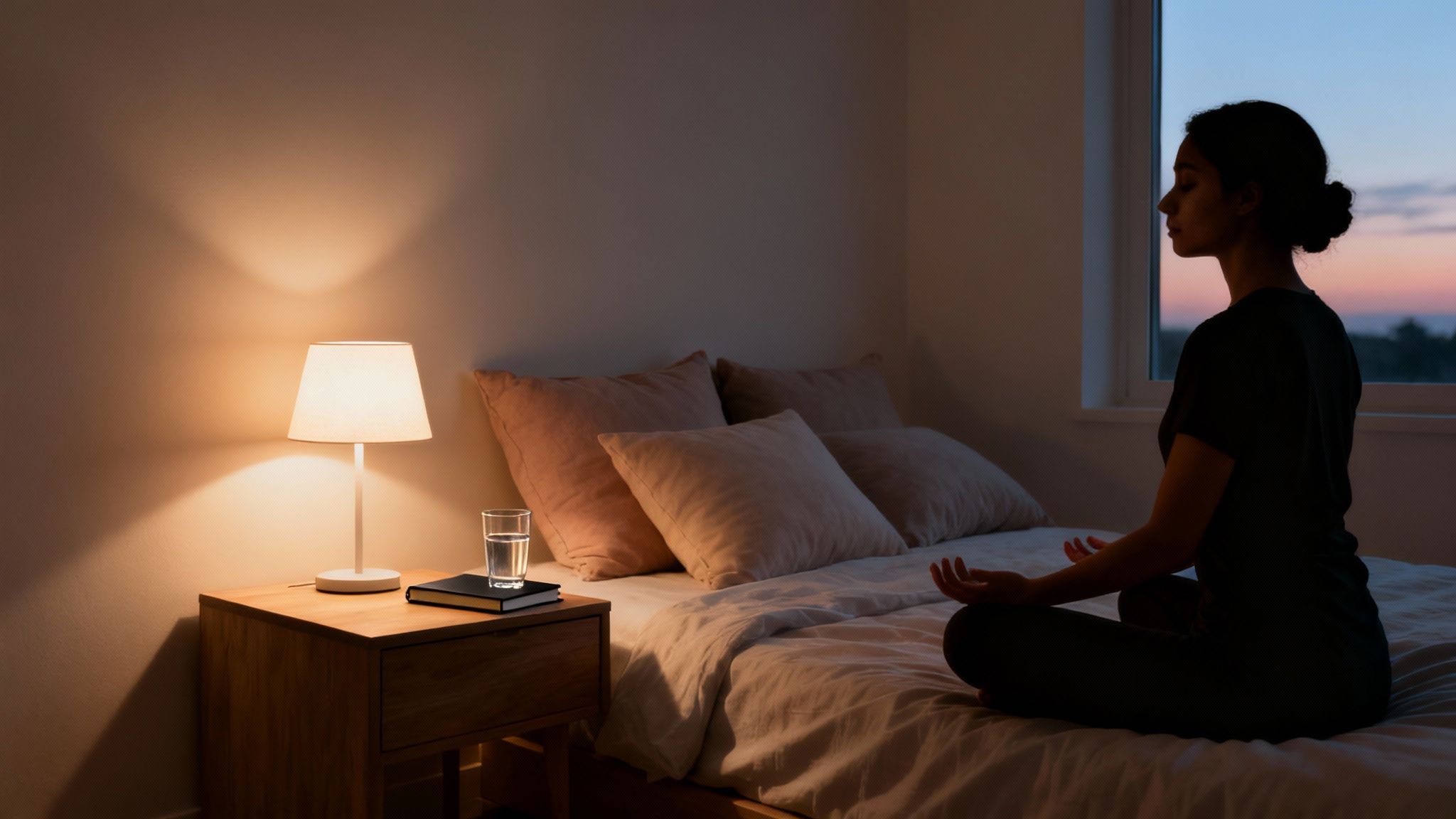 Eine Frau meditiert im Schneidersitz auf einem Bett bei Dämmerung, beleuchtet von einer Nachttischlampe.