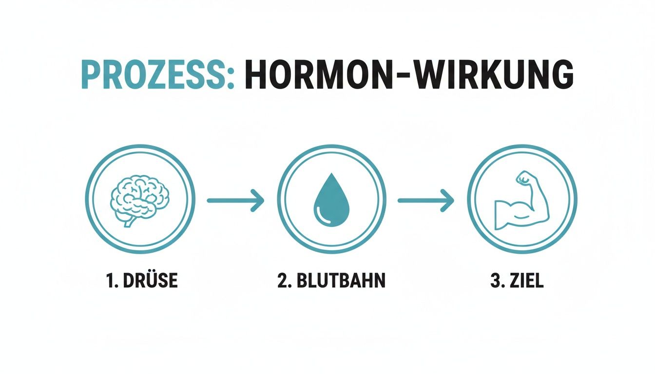Infografik zum Hormon-Wirkungsprozess: Drüse, Blutbahn und Zielorgane werden in drei Schritten dargestellt.
