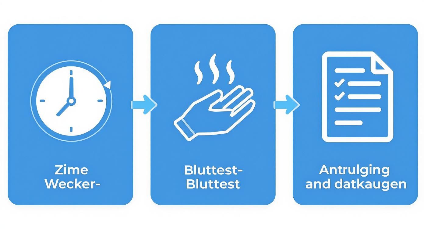 Infografik zeigt drei Schritte: Zime Wecker für Terminplanung, Bluttest durchführen und Antrulging mit Datenauswertung