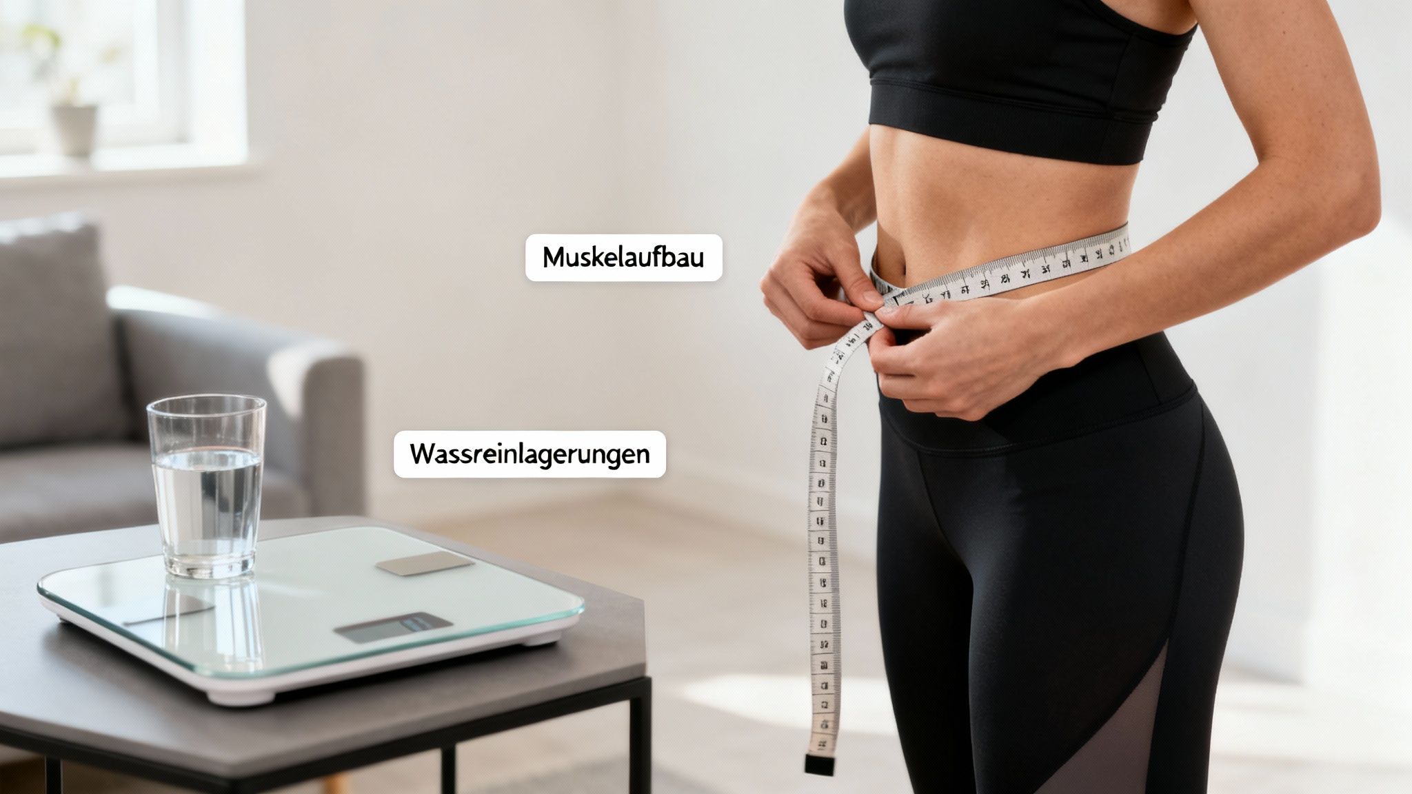 Frau misst ihre Taille, daneben eine Waage und ein Glas Wasser mit Texten zu Muskelaufbau und Wassereinlagerungen.