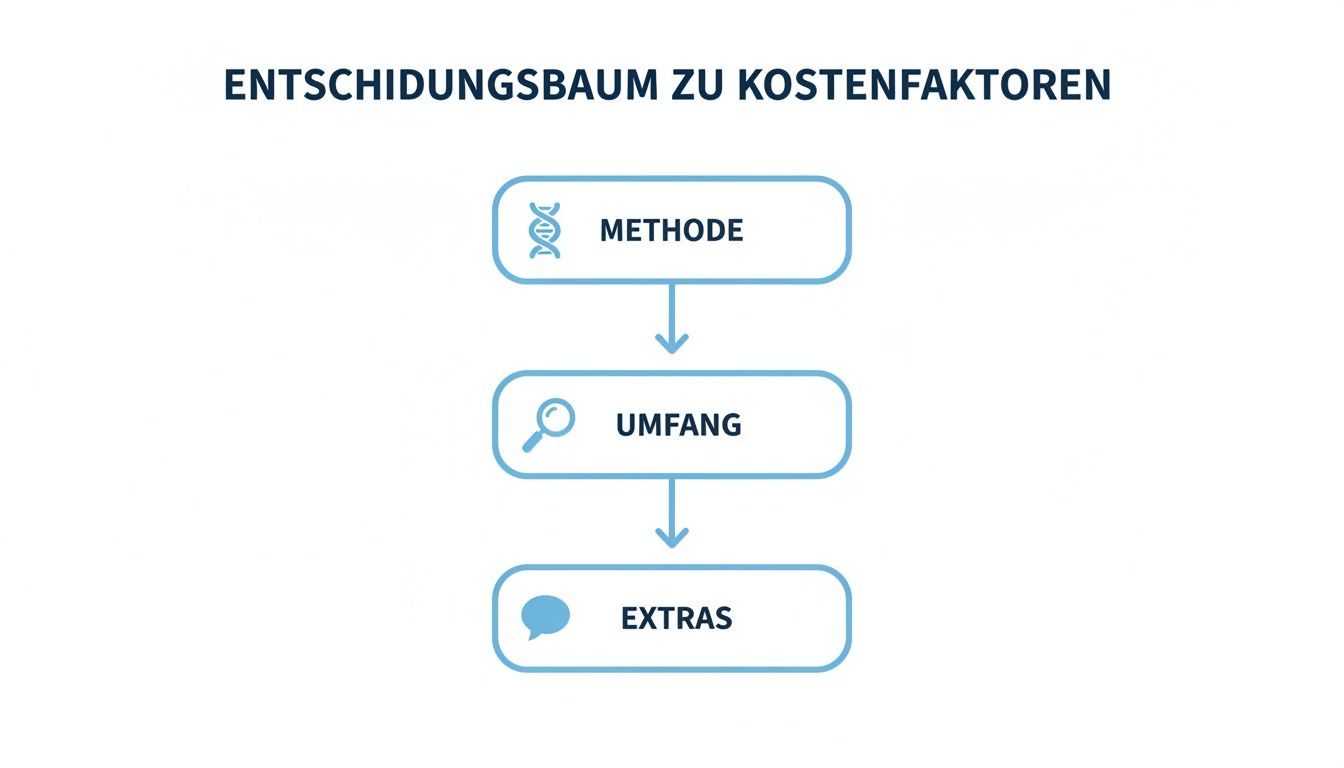 Entscheidungsbaum zu Kostenfaktoren, der die Schritte Methode, Umfang und Extras darstellt.