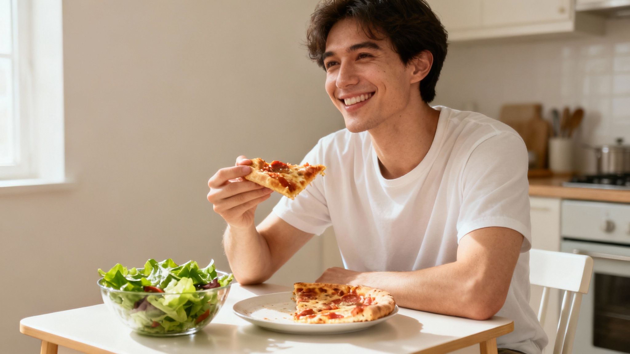 Eine Person genießt ein gesundes und leckeres Gericht, ohne auf etwas verzichten zu müssen.