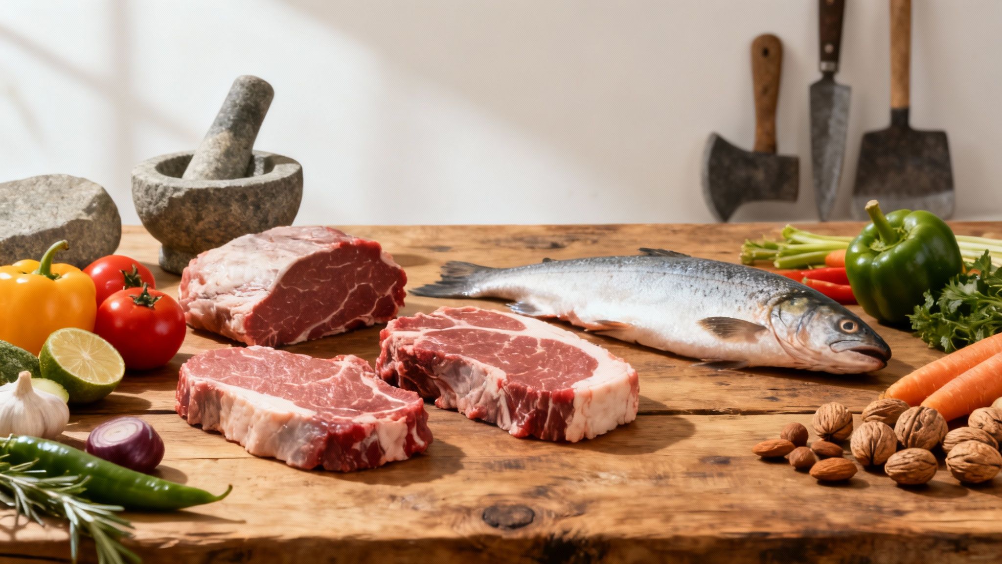 Eine Auswahl an Paleo-Lebensmitteln wie Fleisch, Fisch, Obst und Gemüse, attraktiv angerichtet auf einem Holztisch