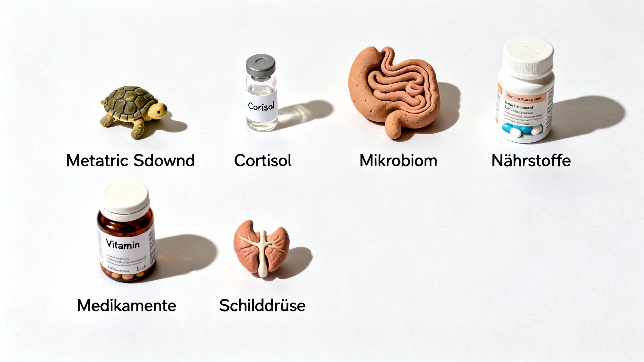 Modelle und Flaschen zeigen biologische Konzepte wie Schilddrüse, Mikrobiom, Cortisol, Nährstoffe und Medikamente für die Gesundheit.