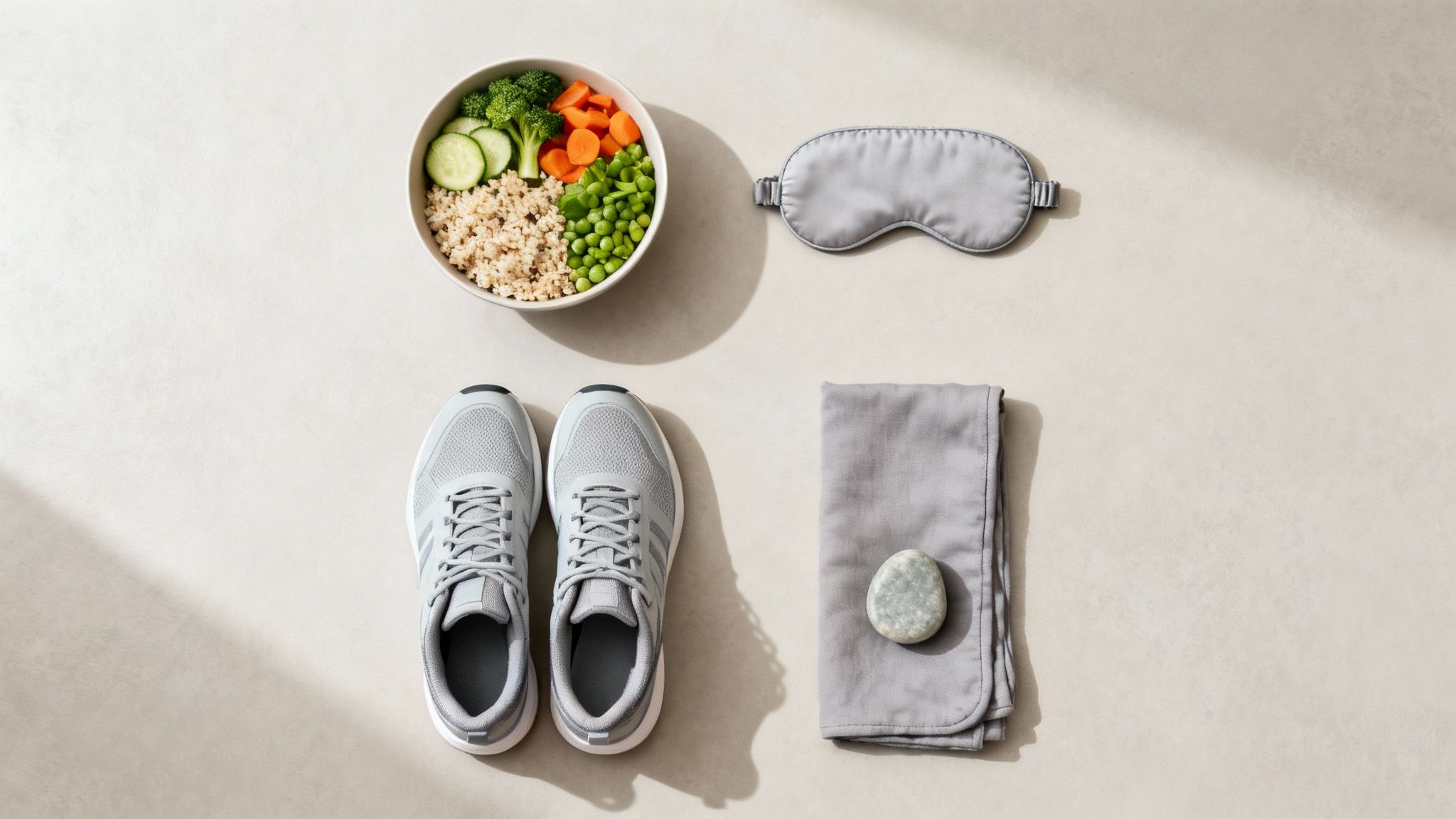 Flachliegende Anordnung von Sportschuhen, gesunder Mahlzeit, Schlafmaske und Handtuch für Wohlbefinden.