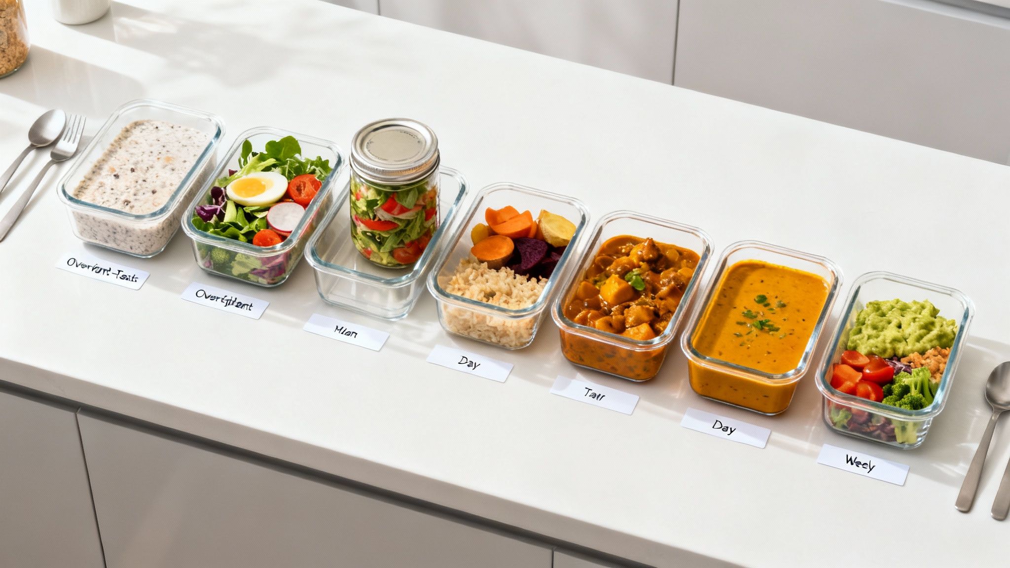 Eine Auswahl vorbereiteter Meal-Prep-Behälter mit gesunden Gerichten