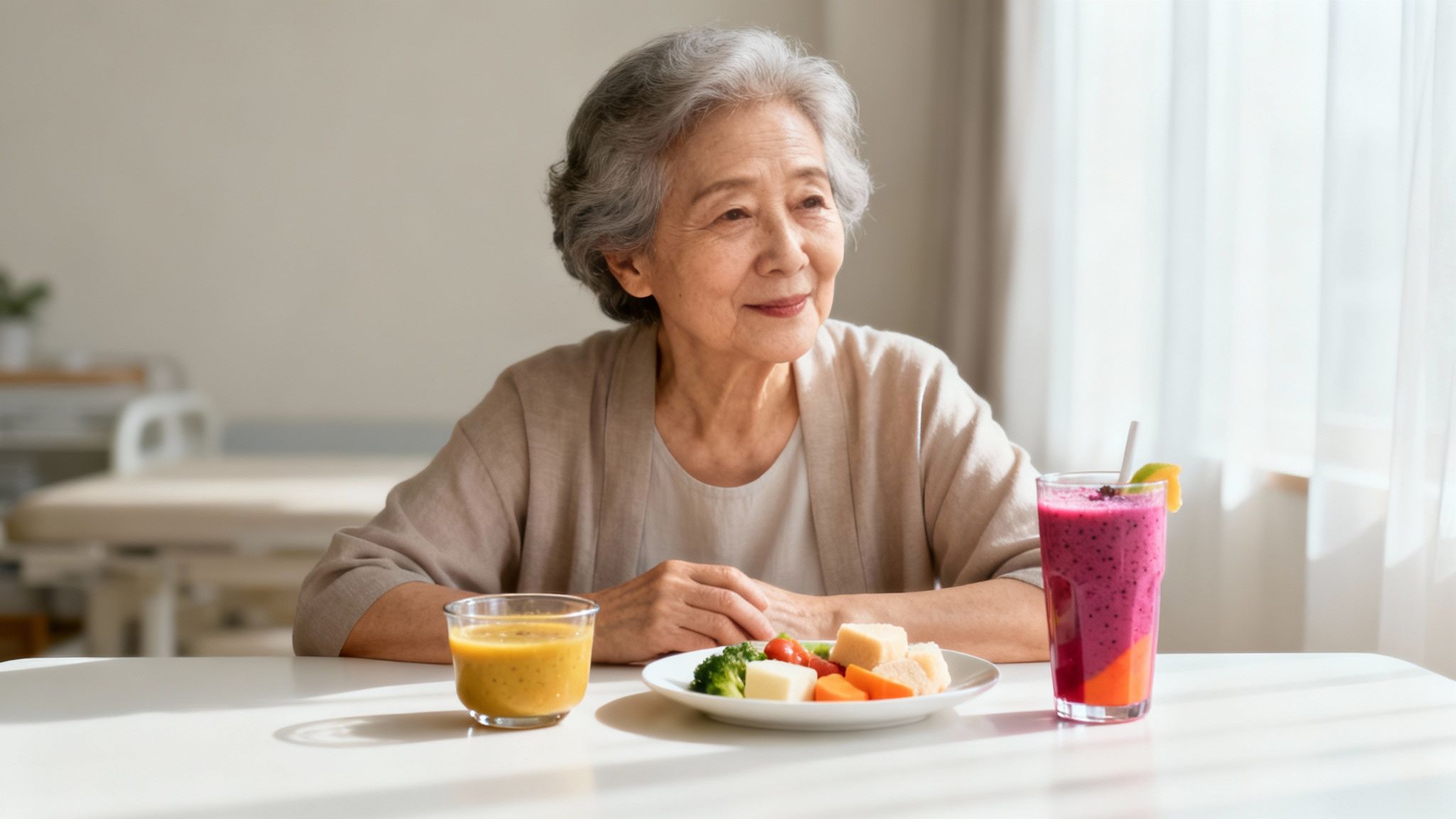 Eine ältere Frau sitzt am Tisch und betrachtet skeptisch ihr Essen