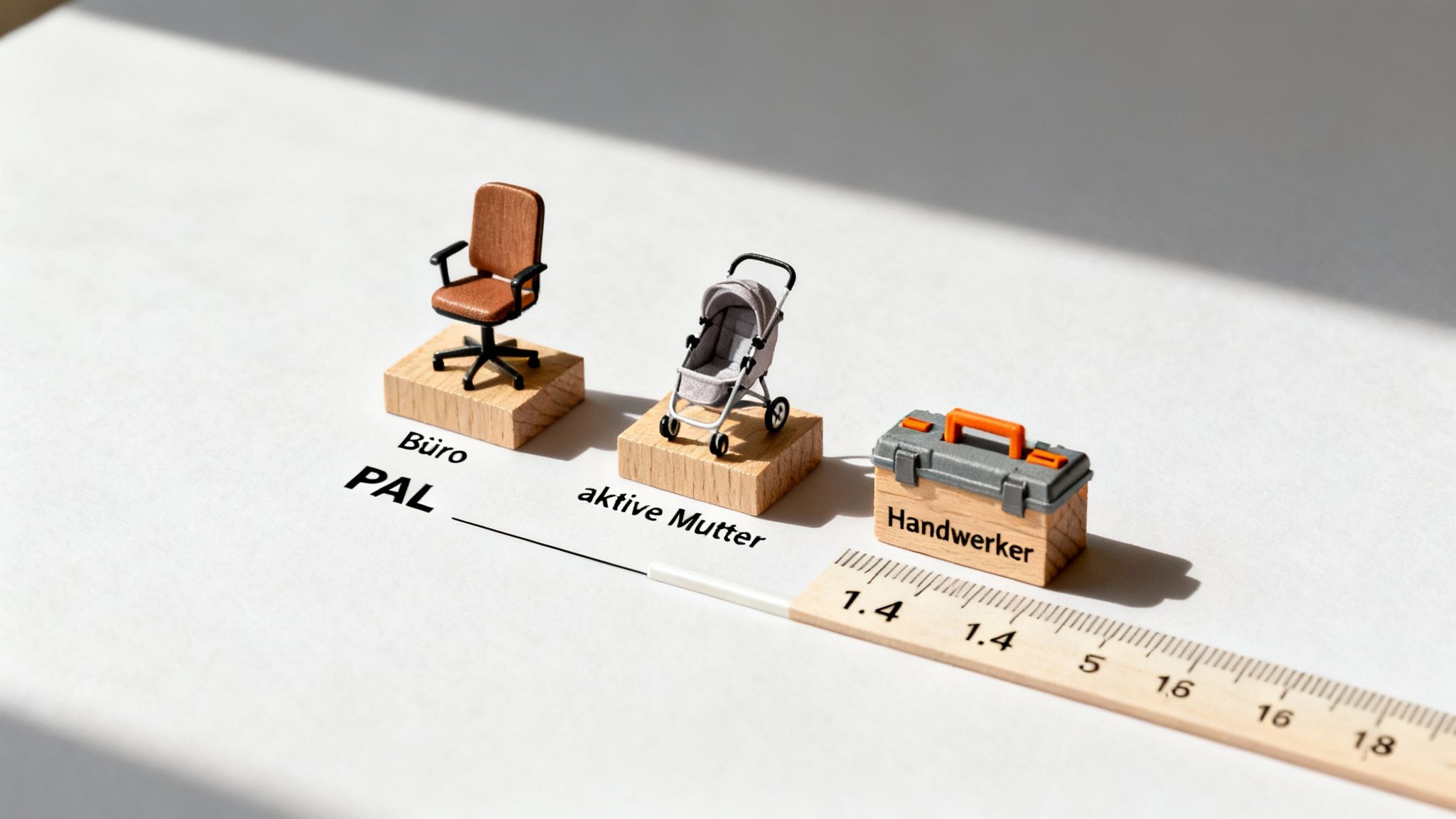 Miniatur-Symbole für Büro, aktive Mutter und Handwerker mit einer PAL-Skala und Lineal.