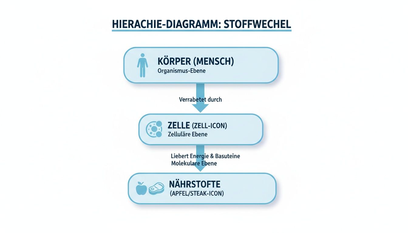 Hierarchiediagramm zum Stoffwechsel, das den Fluss von Nährstoffen über Zellen zum menschlichen Körper darstellt.