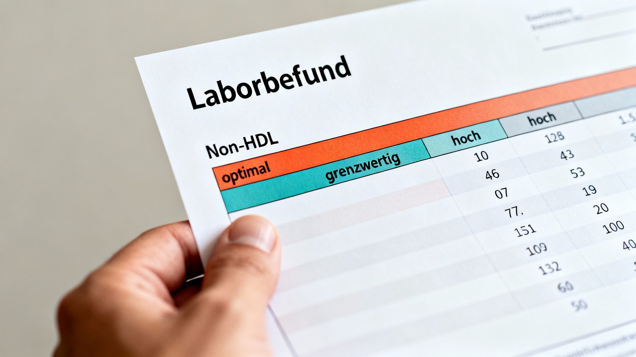 Hand hält Laborbefund mit Tabelle für Non-HDL-Cholesterinwerte, kategorisiert als optimal, grenzwertig und hoch.