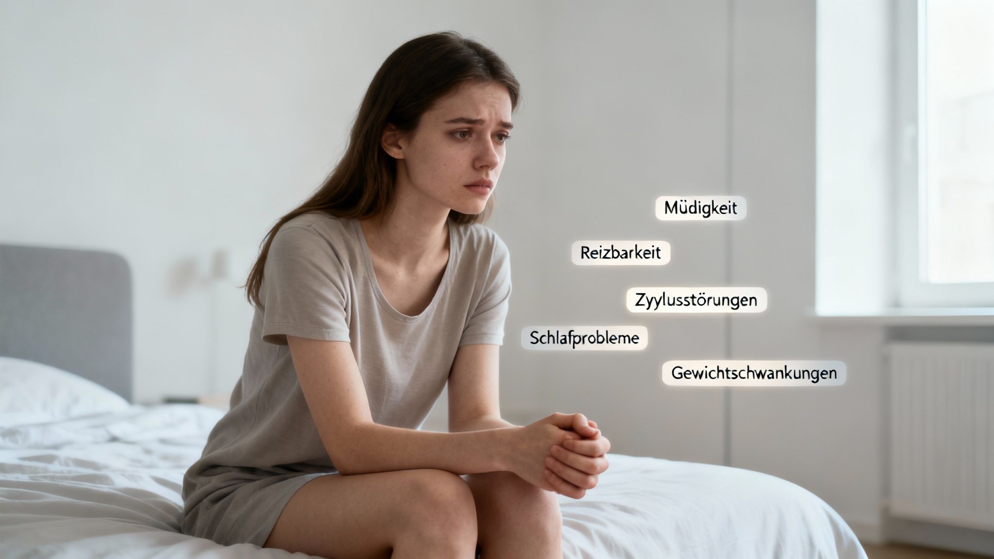 Uma jovem preocupada sentada na cama, cercada por descrições de distúrbios hormonais típicos.