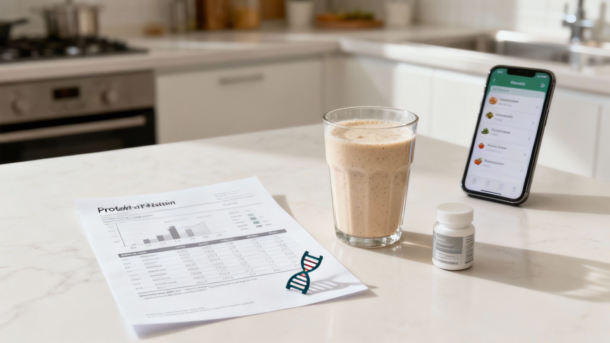 Eine Frau bereitet einen gesunden Salat in ihrer Küche zu, im Hintergrund sind frische Lebensmittel zu sehen.