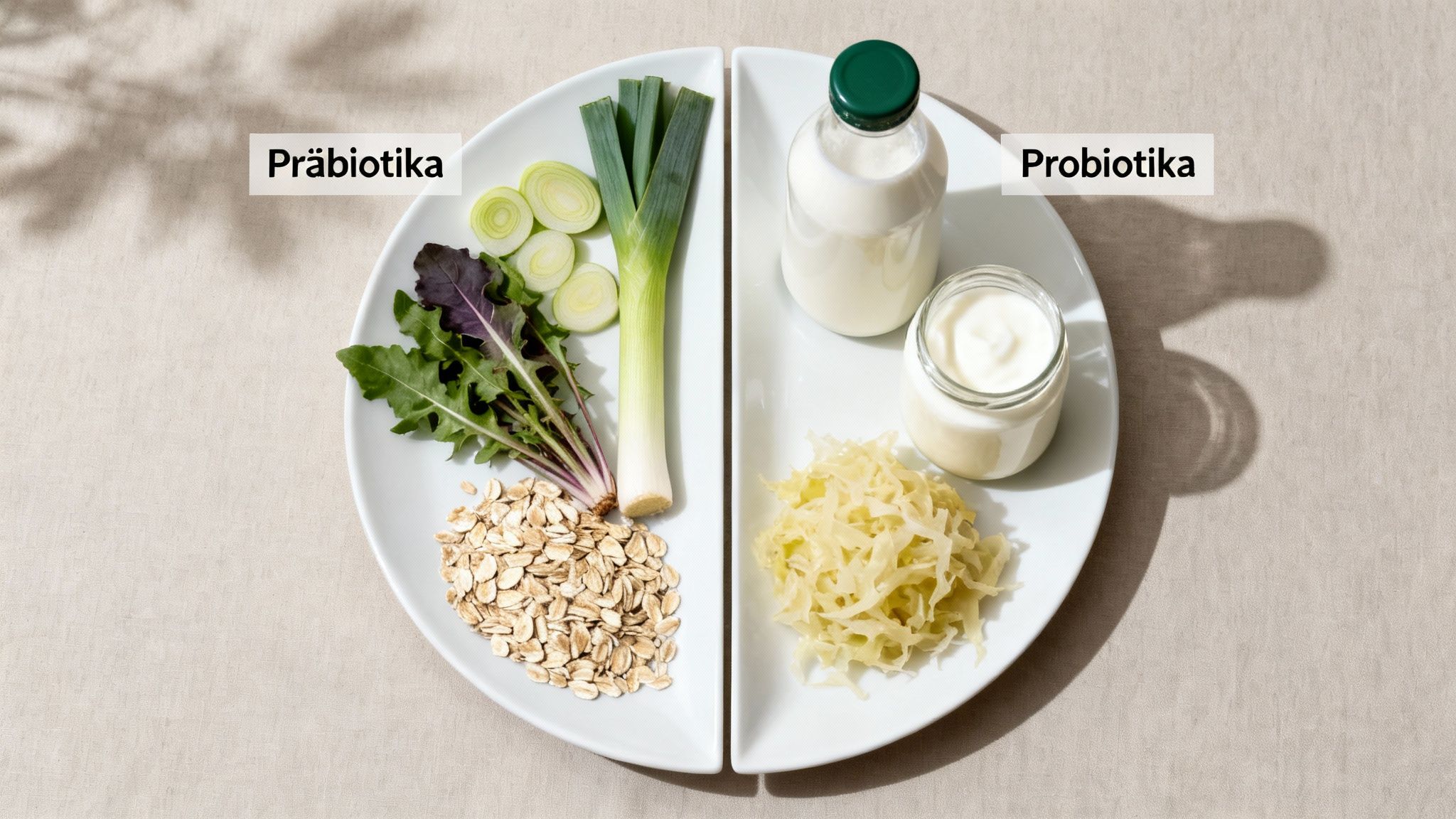 Bild zeigt präbiotische und probiotische Lebensmittel wie Lauch, Hafer, Joghurt und Sauerkraut zur Darmgesundheit.
