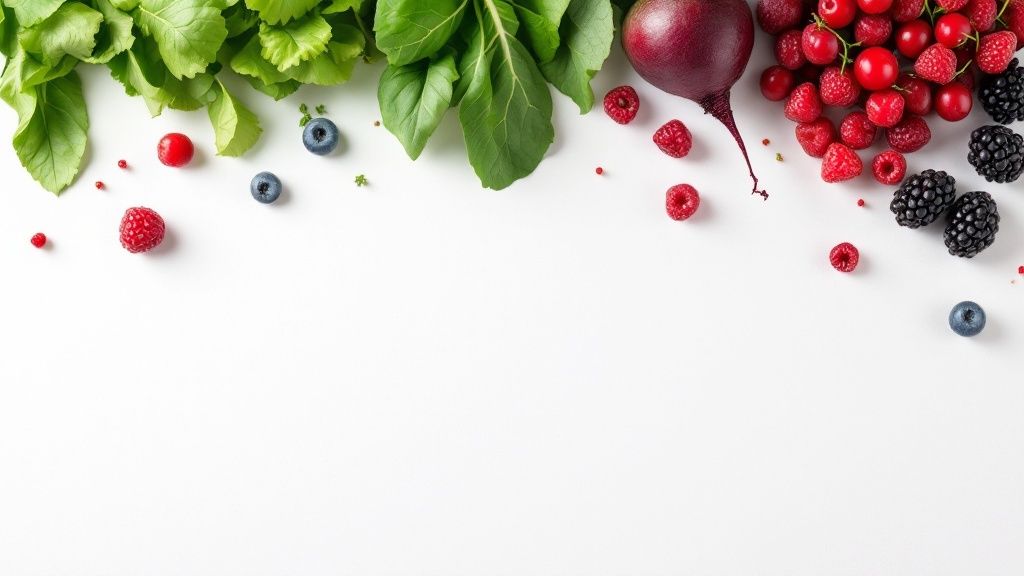 Eine Auswahl an gesunden Lebensmitteln wie Gemüse und Obst, die den Blutdruck senken können.