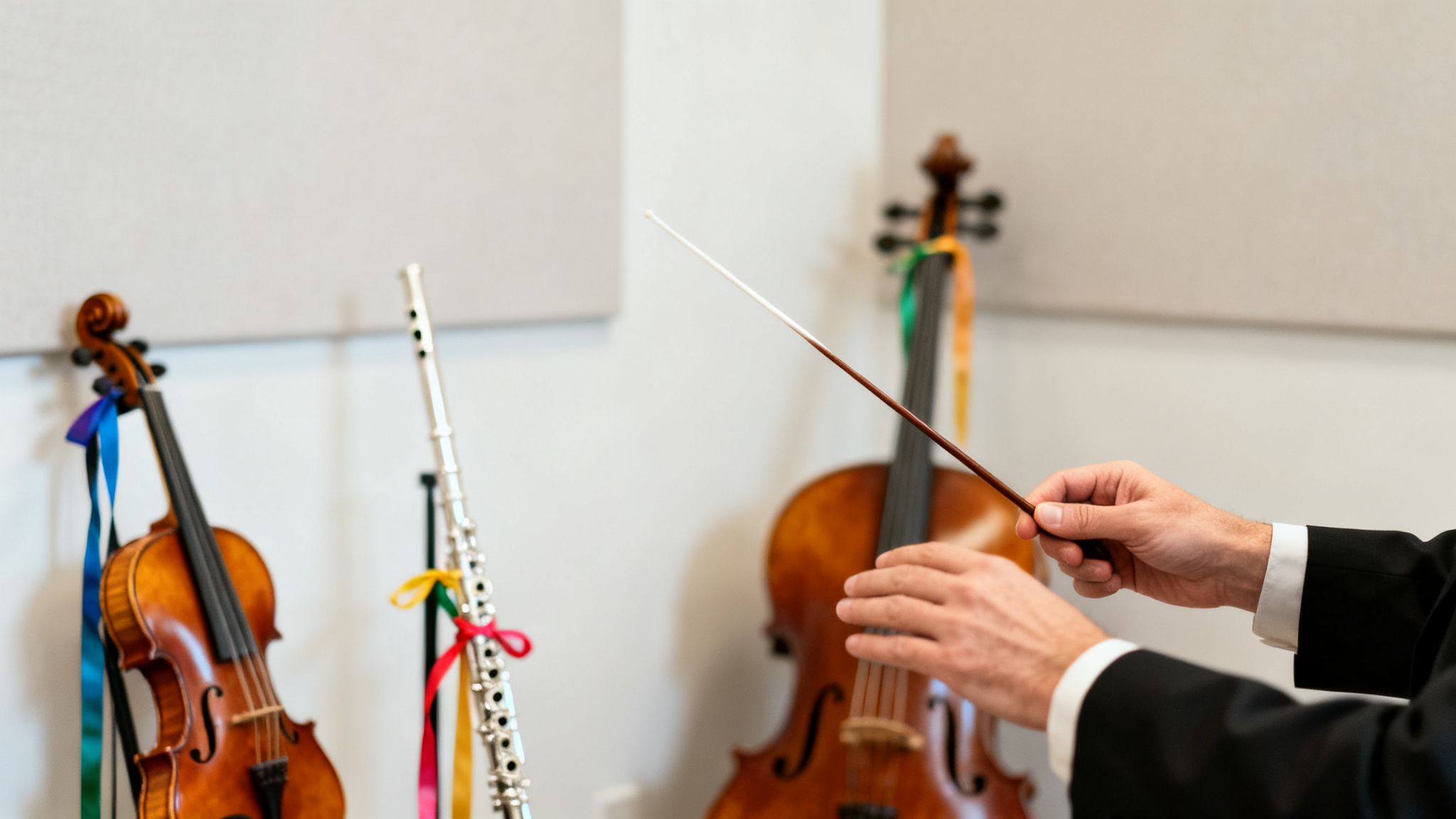 Les mains d’un chef d’orchestre tiennent une baguette devant un violon, une flûte traversière et un violoncelle ornés de rubans colorés.