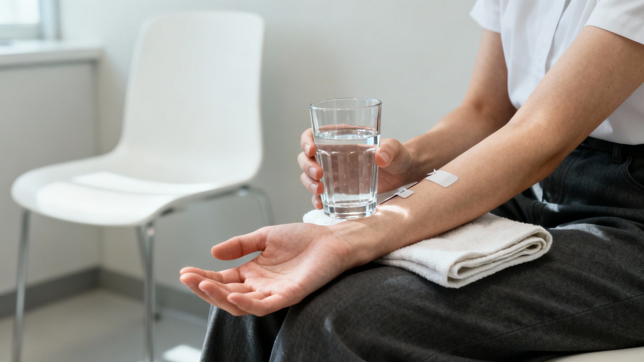 Person mit Kanüle im Arm hält Wasserglas in heller medizinischer Umgebung.
