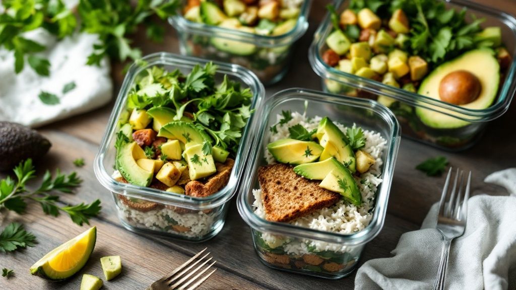 Eine Auswahl keto-freundlicher Lebensmittel wie Avocado, Nüsse und grünes Gemüse auf einem Tisch.