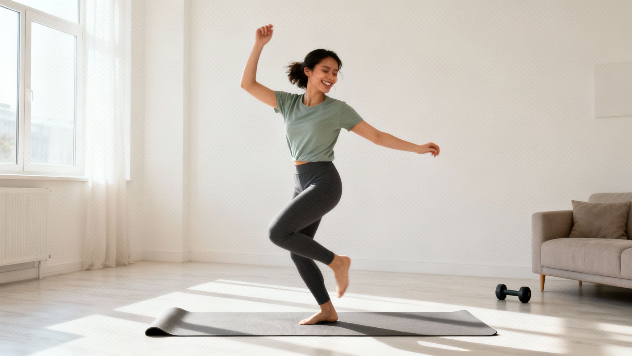 Fröhliche junge Frau tanzt barfuß auf einer Yogamatte in einem hellen Wohnzimmer.