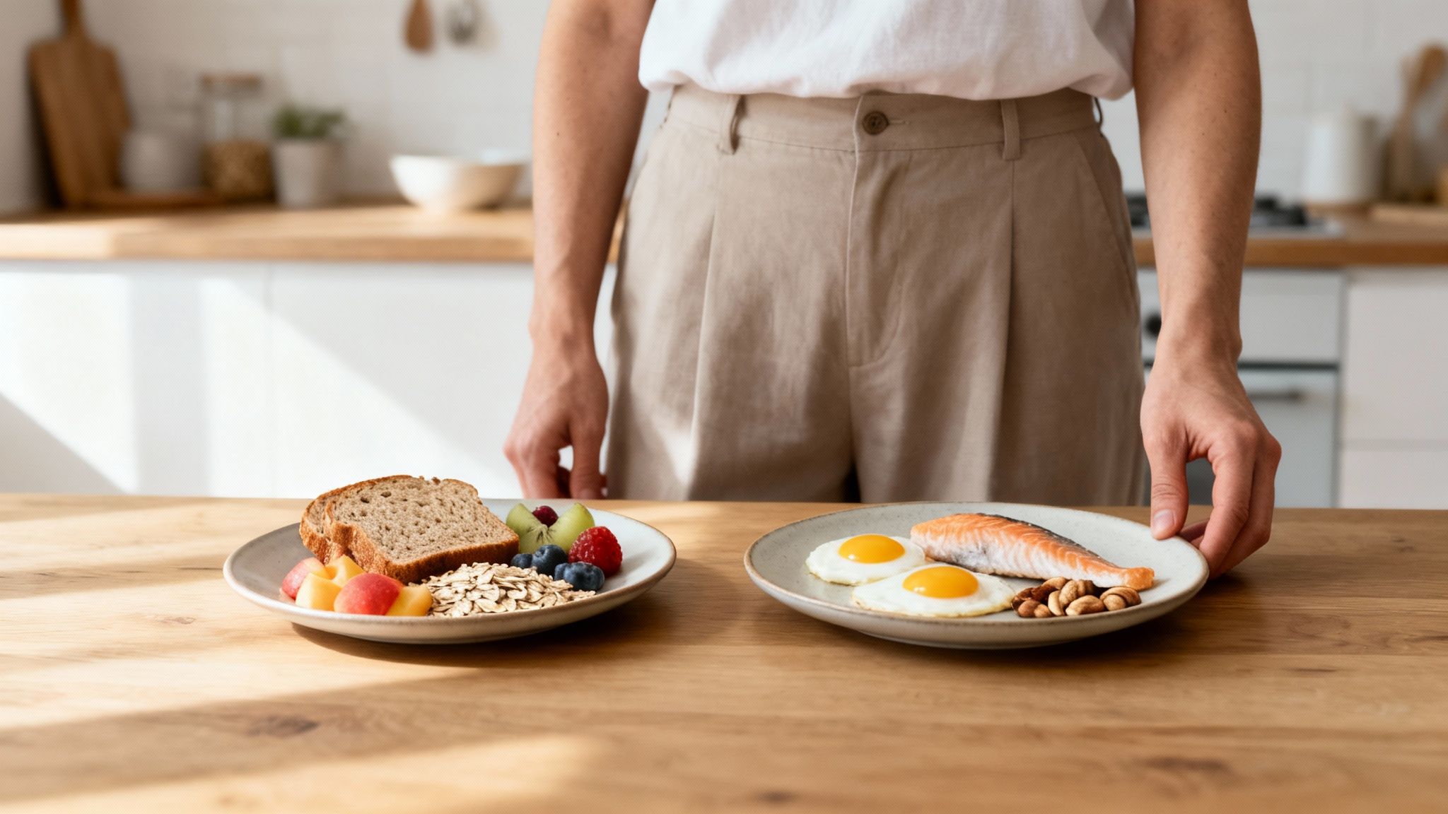 Zwei Frühstücksteller auf einem Tisch: Kohlenhydrat-reich (Brot, Obst) und Protein-reich (Lachs, Eier), präsentiert von einer Person.