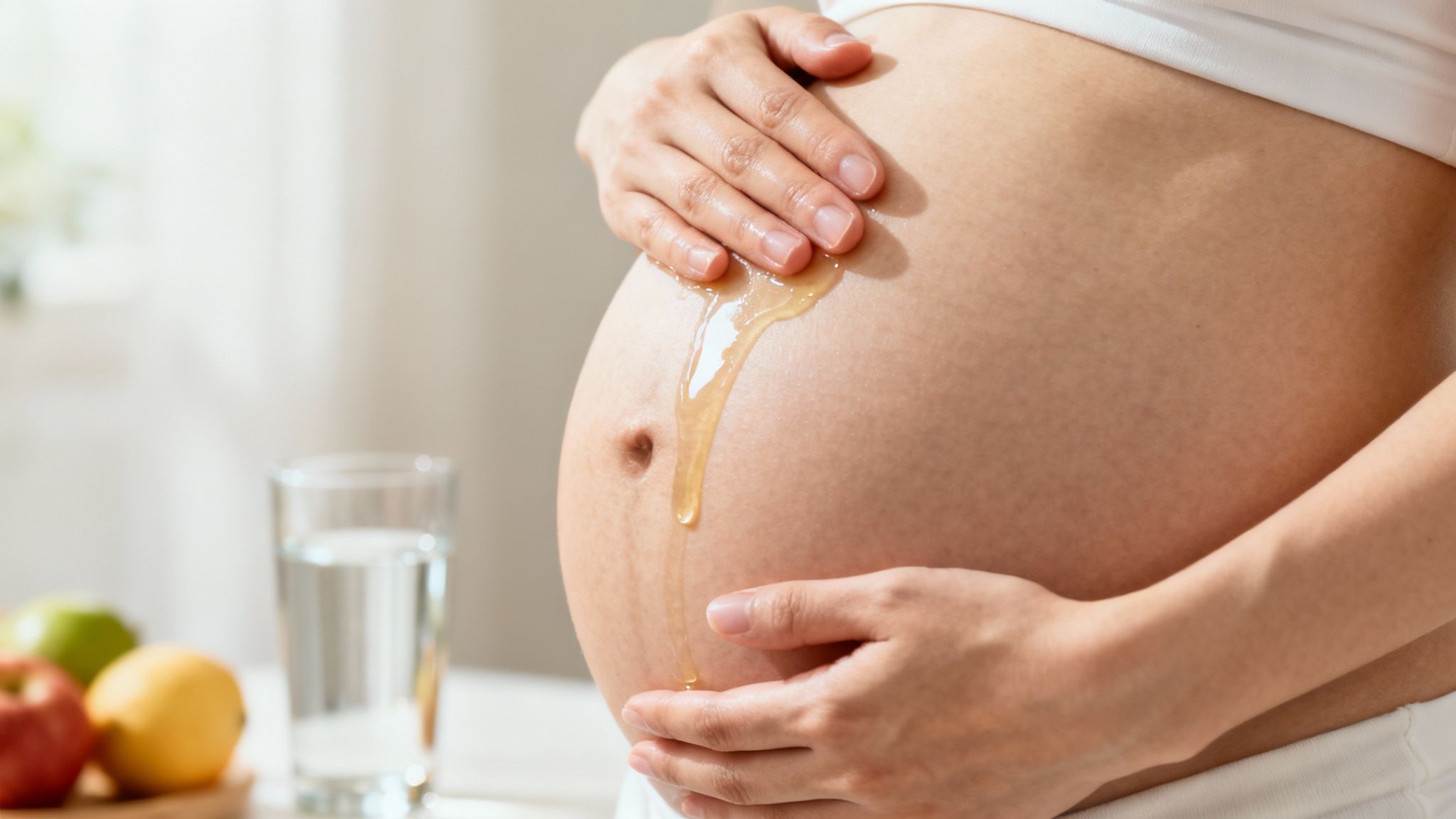 Eine schwangere Frau massiert sanft ihren Bauch mit Öl